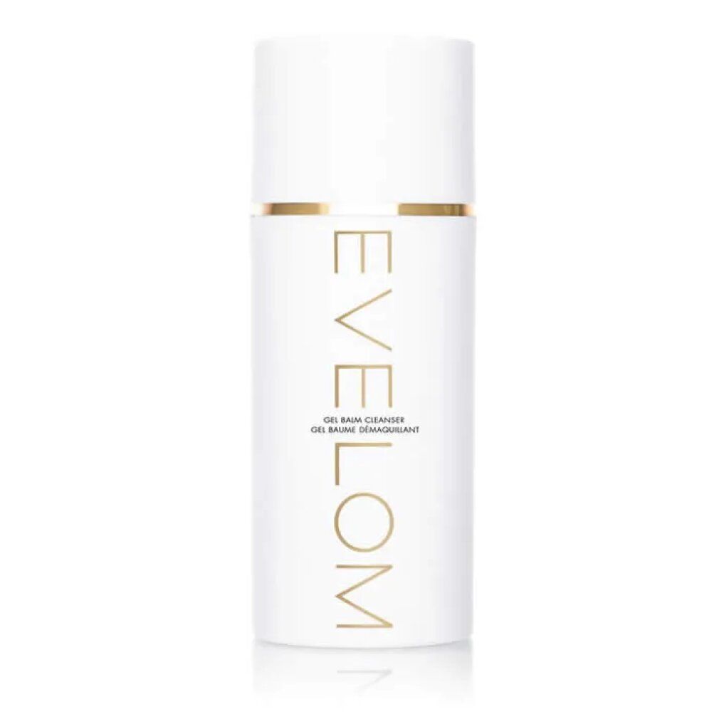 Weißer Zylinder mit goldener Schrift. Aufschrift: EVE LOM, GEL BALM CLEANSER, GEL BAUME DÉMAQUILLANT.