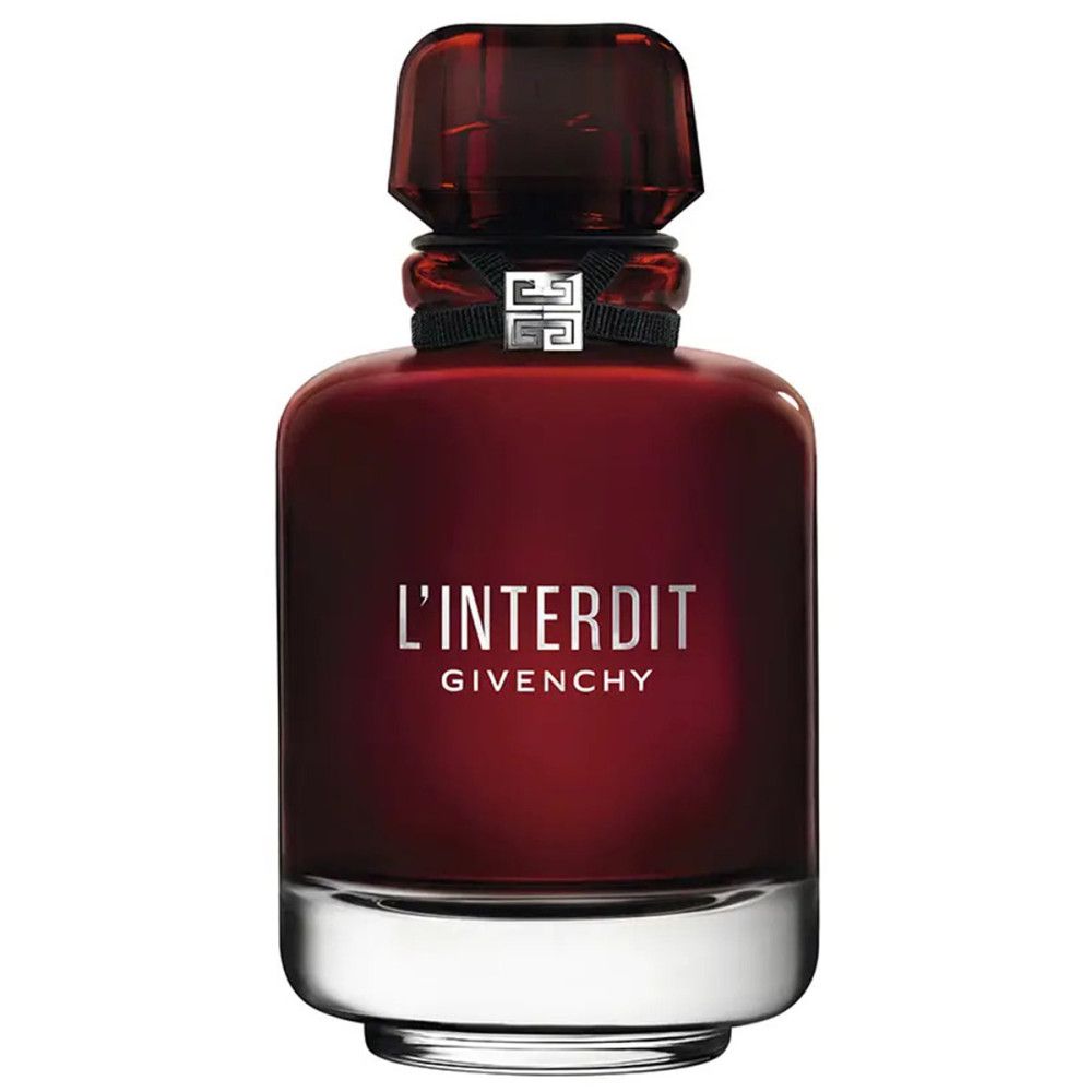 Roter Glasflakon mit schwarzem Band und silbernem Logo. Aufschrift: L'Interdit Givenchy. Roter Deckel.