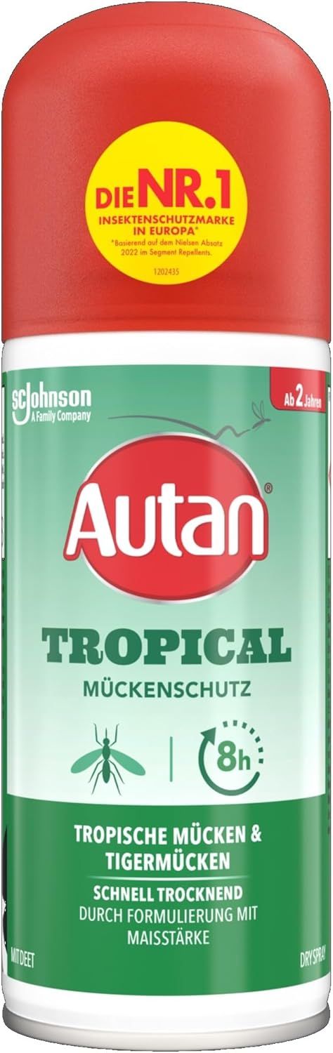 Autan Tropical Mückenschutz Dry Spray. Rote Kappe, grüne Flasche. Text: Tropische Mücken & Tigermücken. 8h Schutz. Mit DEET.