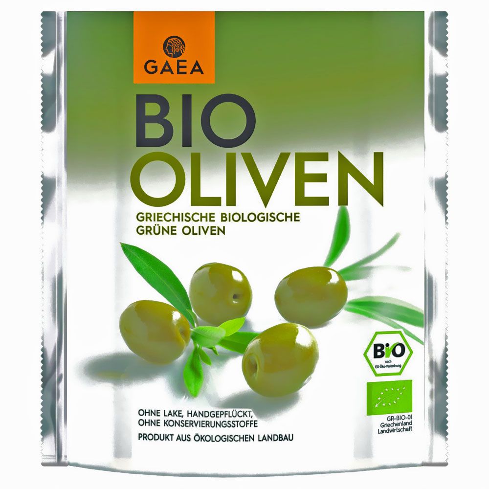 Verpackung mit grünen Oliven. Aufschrift: GAEA BIO OLIVEN, griechische biologische grüne Oliven. Bio-Siegel.