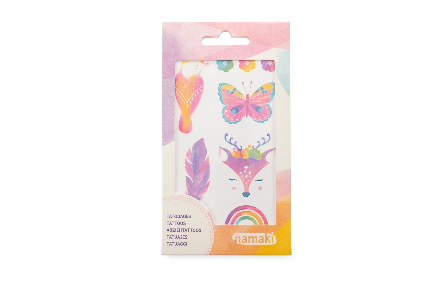Verpackung mit Namaki Kinder Tattoos. Motive: Schmetterling, Fuchs, Feder, Regenbogen. Mehrfarbig. Mit Aufhänger.
