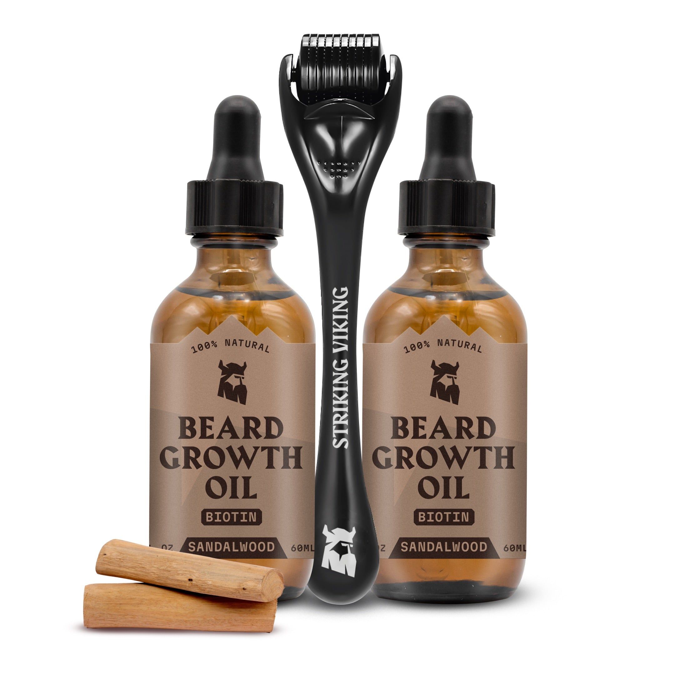 Striking Viking Bartwuchsöl 2er-Pack – Sandelholz + Derma-Roller Set