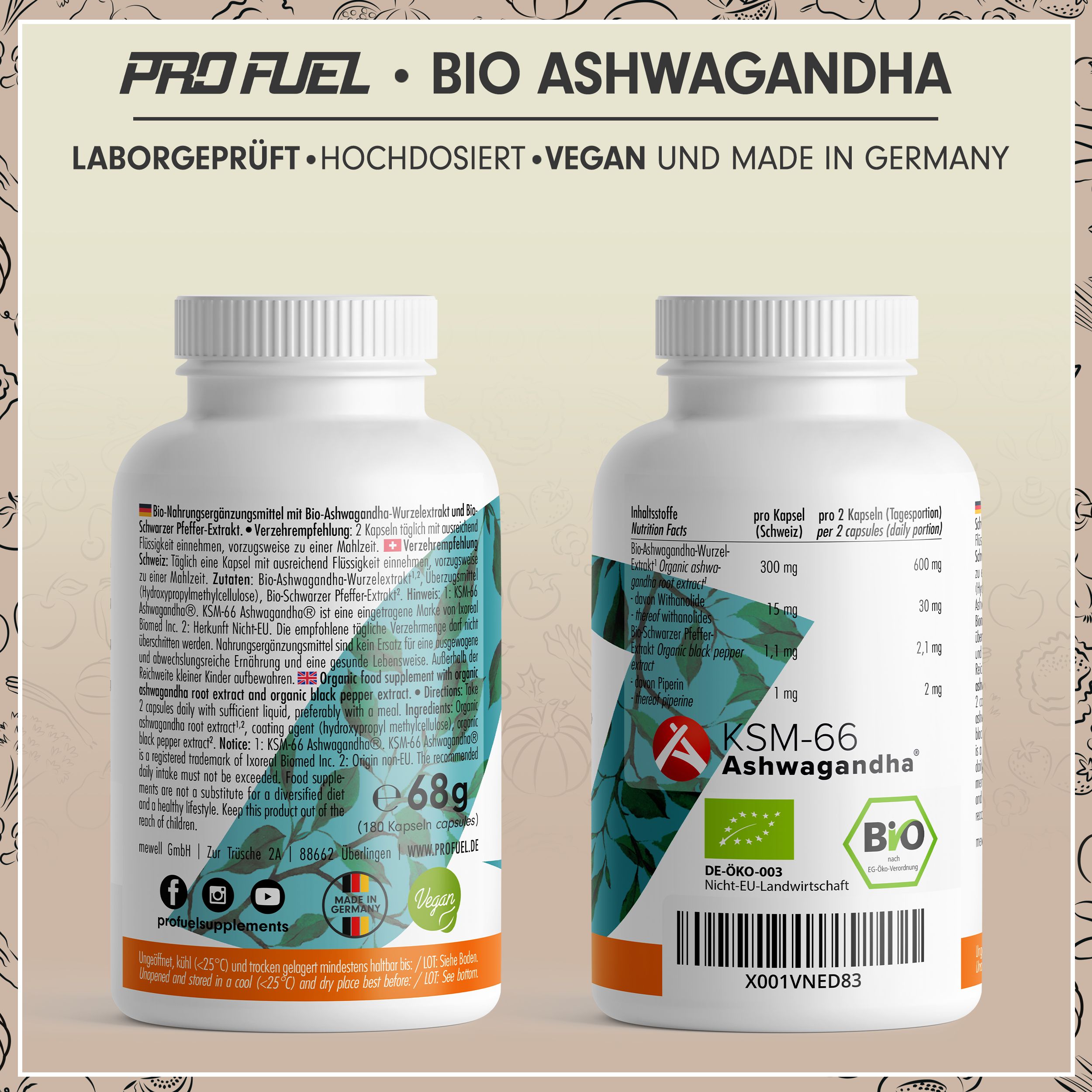 Rückseite einer weißen Flasche. Aufschrift: Bio Ashwagandha. Nährwertangaben. Bio-Siegel. KSM-66 Ashwagandha. 68g.
