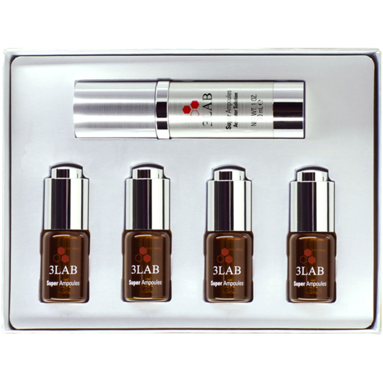 Set mit vier Ampullen und einer Flasche. Aufschrift: 3LAB Super Ampoules Activator Solution.
