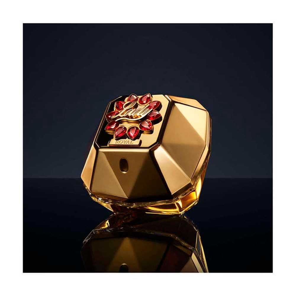 Goldfarbener Flakon mit rotem Schmuck. Aufschrift: "Royal".