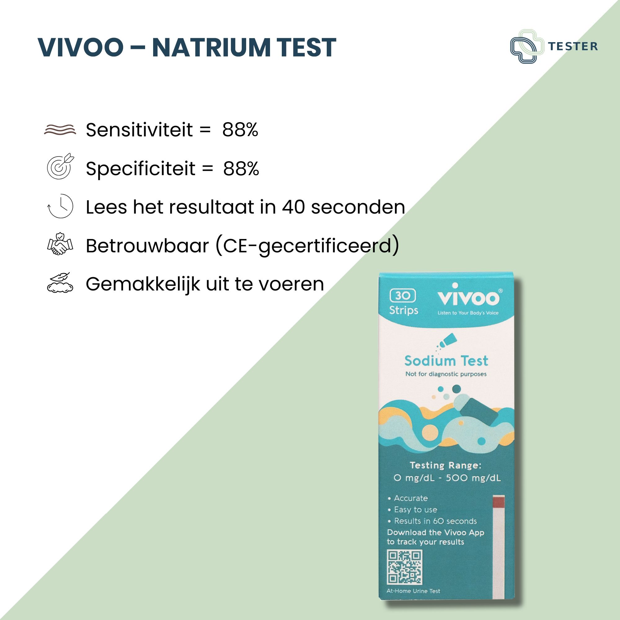 Vivoo Natrium Test-Verpackung. 30 Teststreifen. Text: Sodium Test, Testing Range: 0-500 mg/dL. Zusätzlicher Text und Symbole.