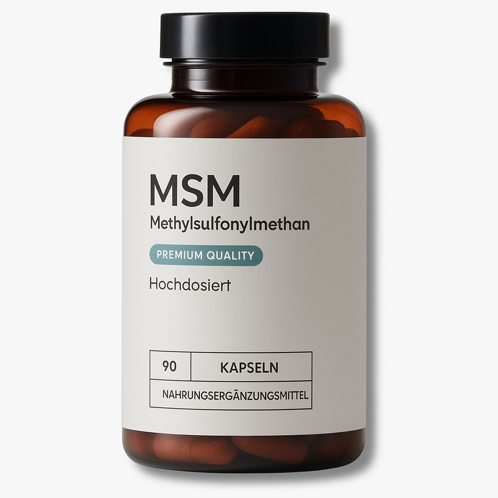 Braune Flasche mit schwarzen Deckel. Aufkleber mit MSM, Methylsulfonylmethan, Premium Quality, Hochdosiert, 90 Kapseln, Nahrungsergänzungsmittel.