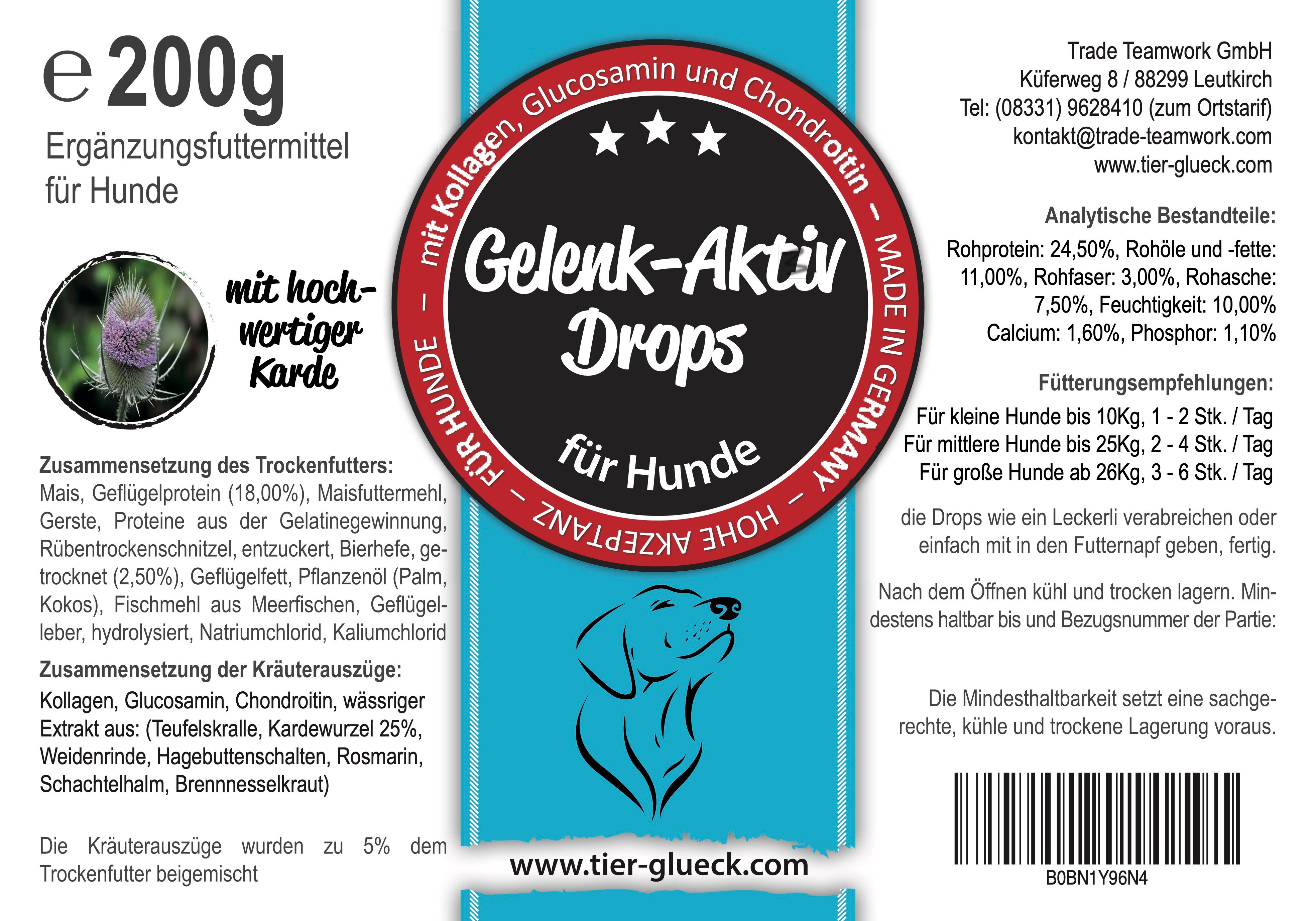 Runder Aufkleber mit Text: "Gelenk-Aktiv Drops für Hunde". Blaue Schrift, brauner Hintergrund. Inhaltsstoffe und Fütterungsempfehlung.