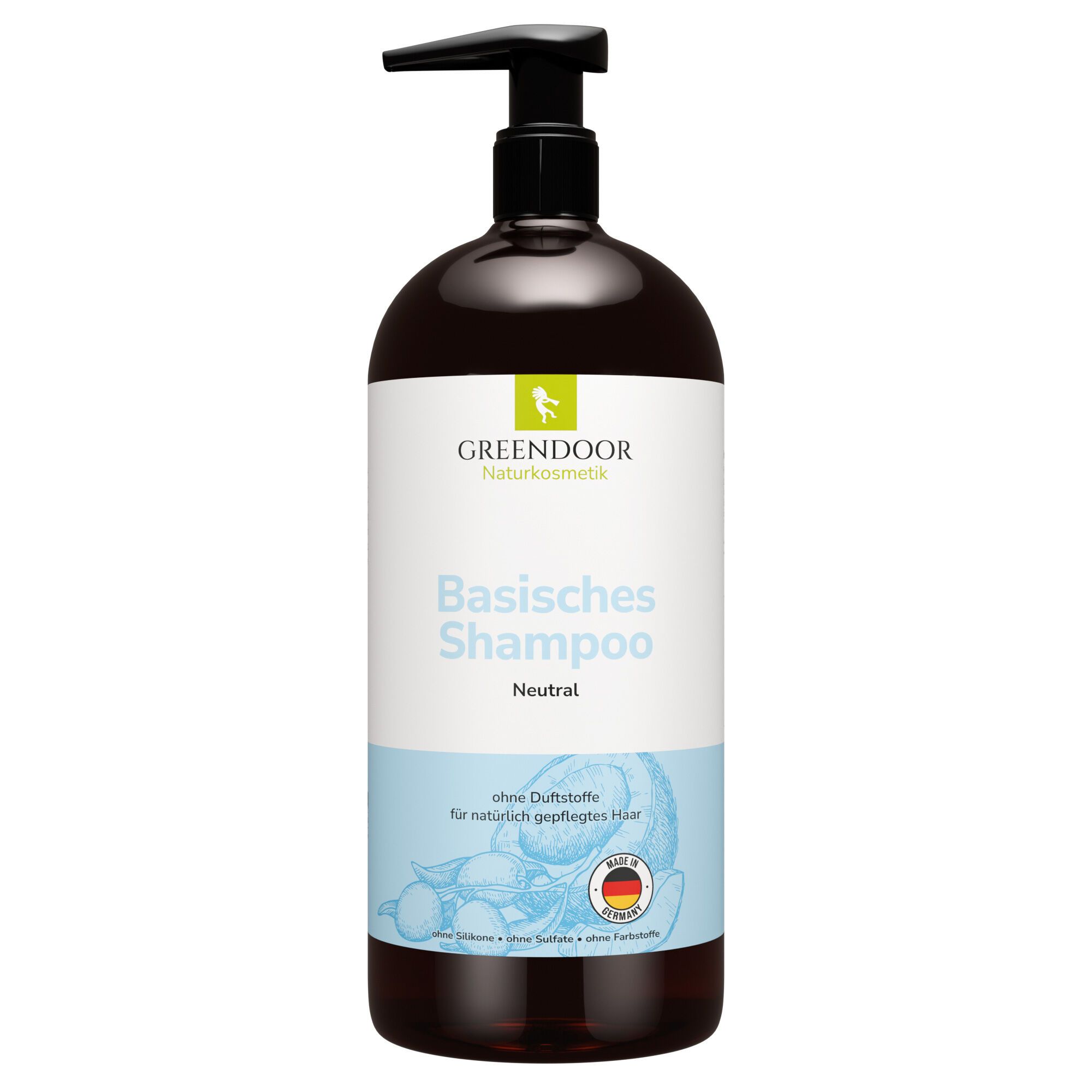 GREENDOOR Basisches Shampoo XL Neutral in dunkler Pumpflasche.