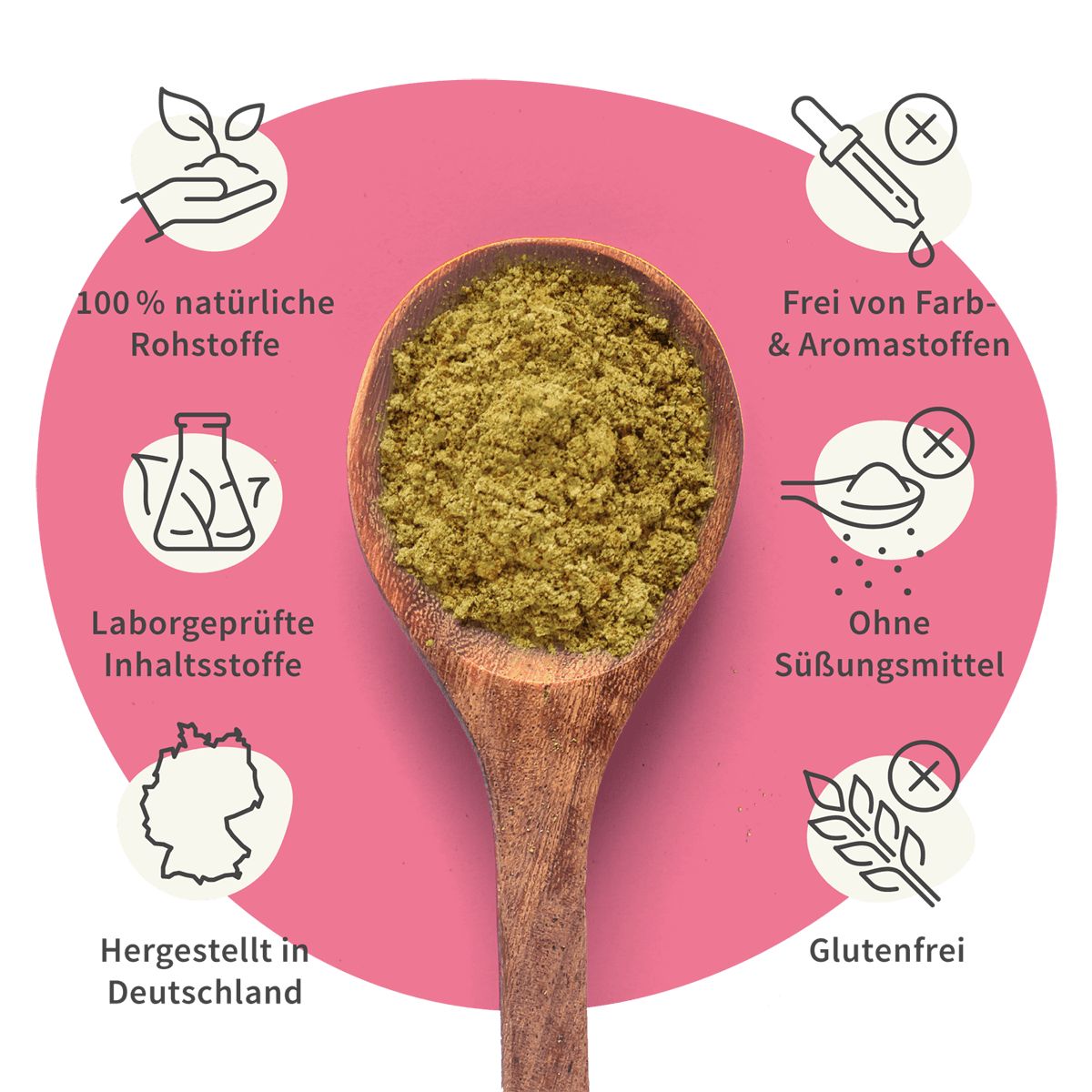 Holzlöffel mit grünem Pulver. Text: 100% natürliche Rohstoffe, laborgeprüfte Inhaltsstoffe, hergestellt in Deutschland.