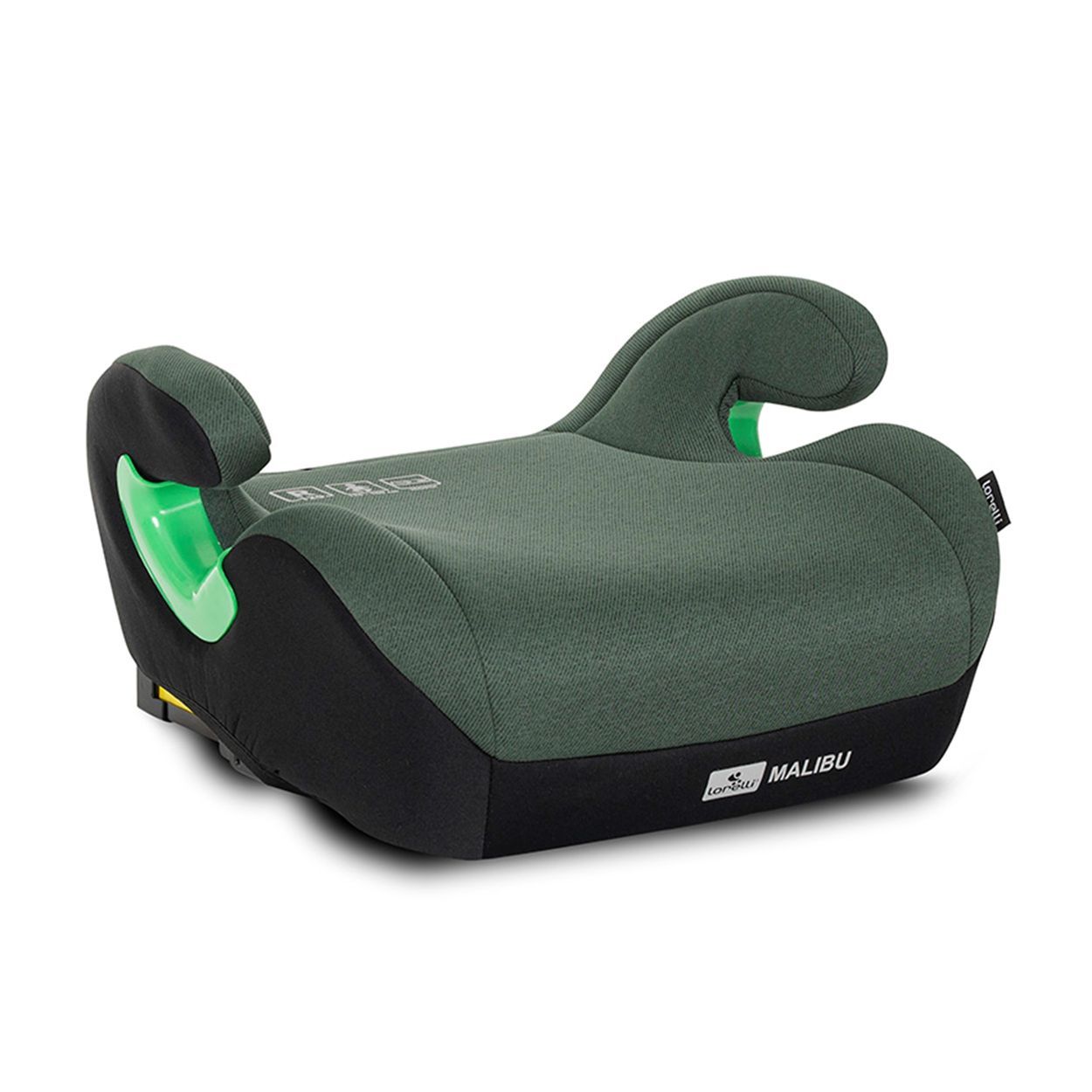 Grüner Kindersitz mit Armlehnen, schwarzer Basis und gelbem ISOFIX-Haken.