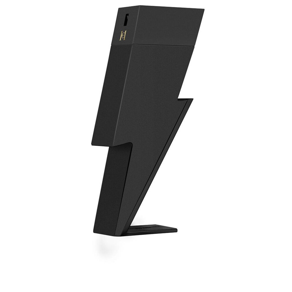 Schwarzer Flakon in Blitzform. Goldfarbenes Logo. Steht auf einem Sockel.