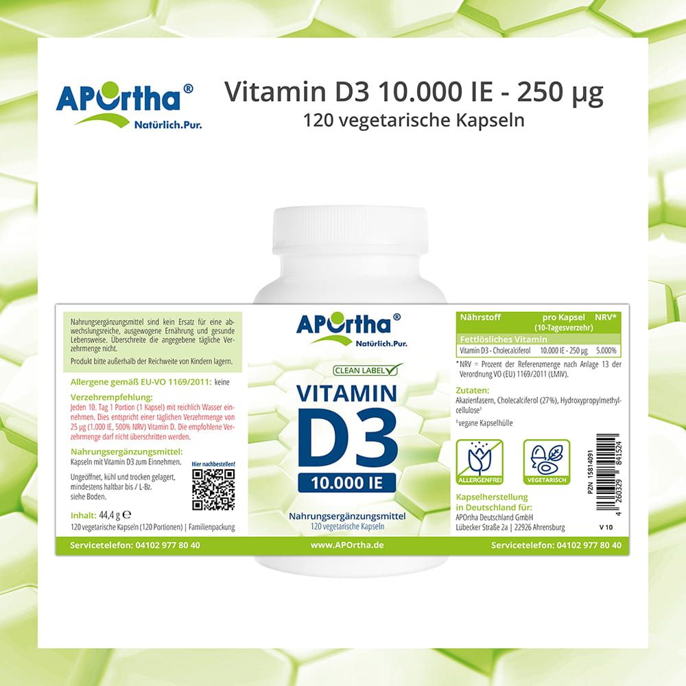 Rückseite der APOrtha Vitamin D3 Flasche. Enthält Nährwertangaben, Inhaltsstoffe, Herstellerinformationen und QR-Code.