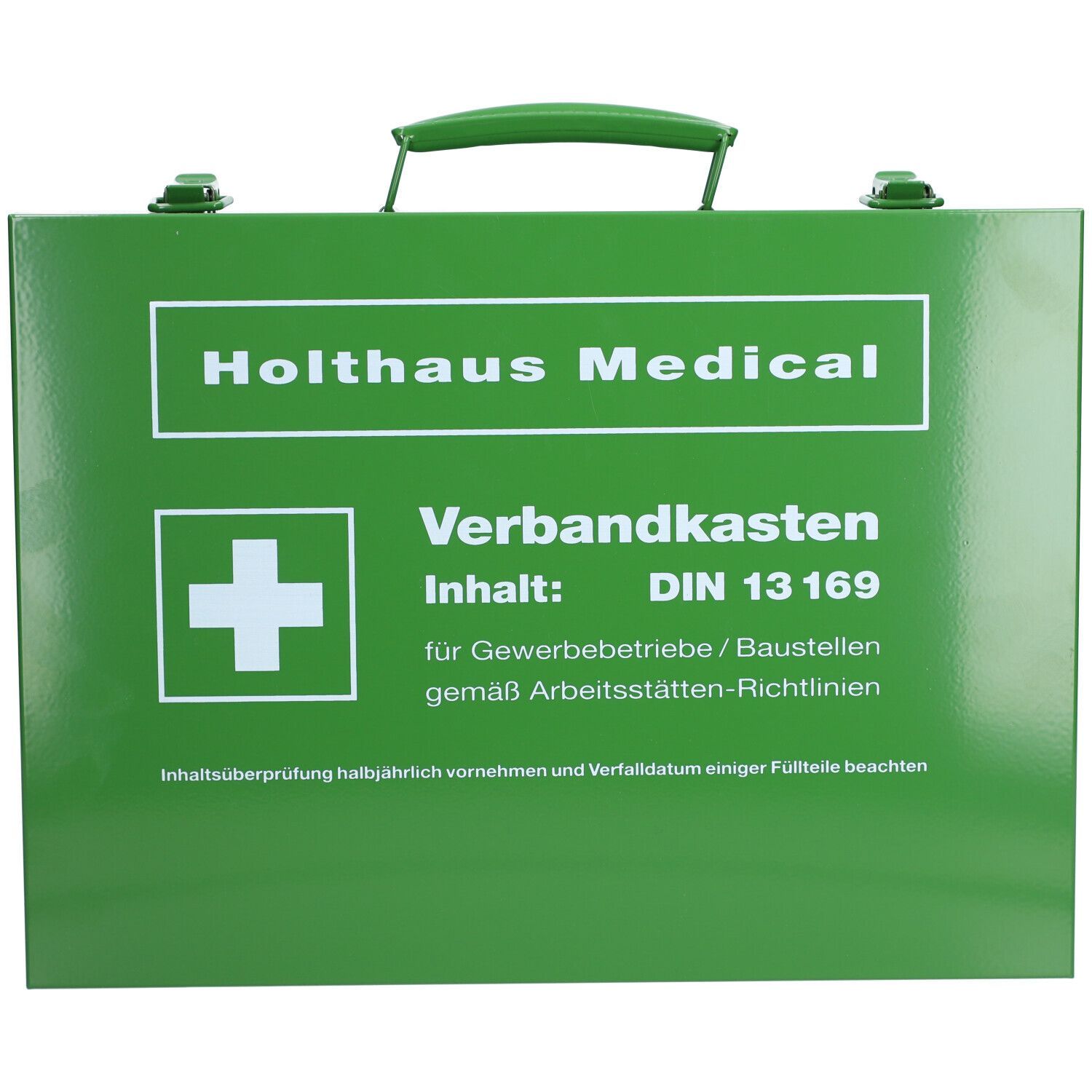 Grüner Verbandkasten mit weißem Kreuz. Aufschrift: Holthaus Medical, Verbandkasten, DIN 13 169. Mit Tragegriff.