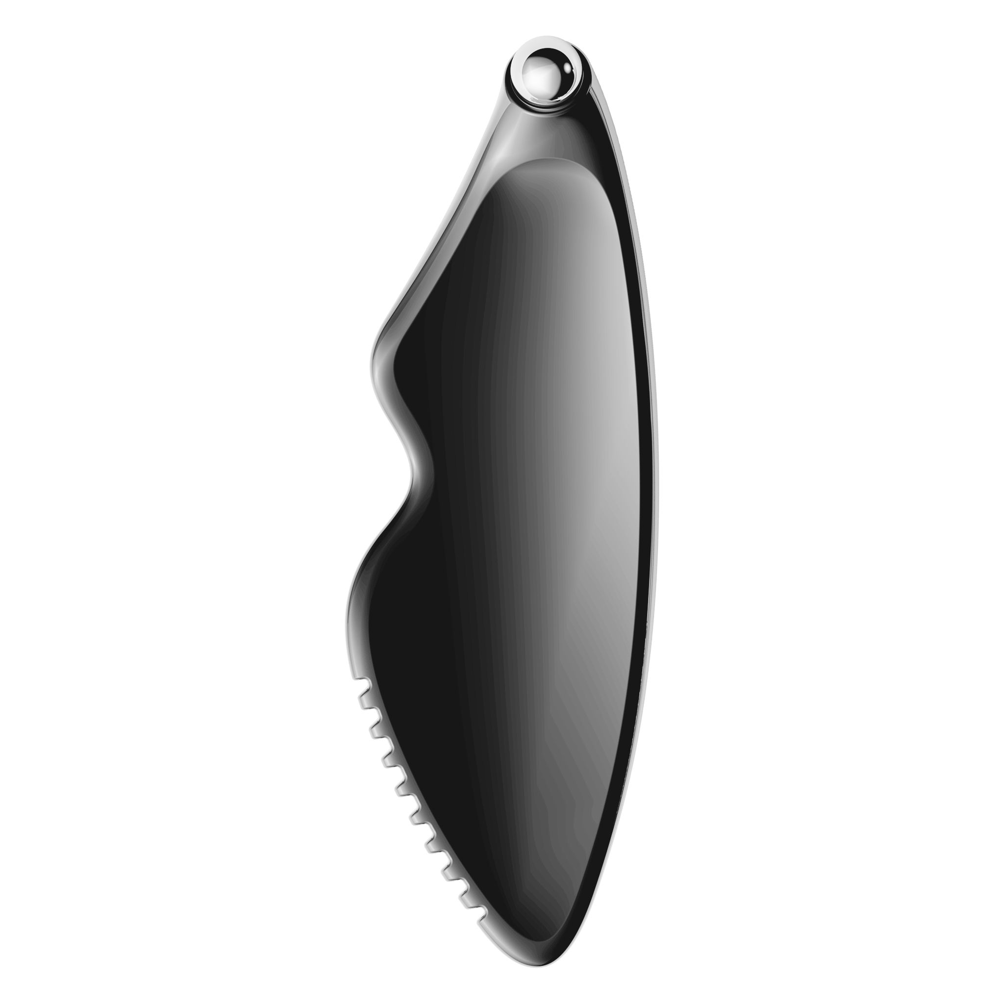 Schwarzes Gua Sha Gesichtswerkzeug mit einer gebogenen Kante und einem kugelförmigen Ende.