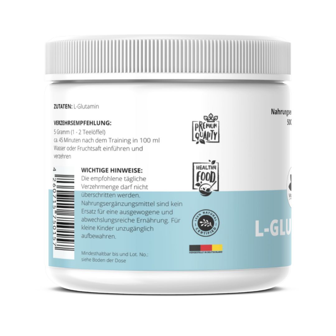 Weißer Behälter mit blauem Streifen. Aufschrift: L-Glutamin, Premium Quality, Healthy Food. Zutatenliste und Verzehrempfehlung.