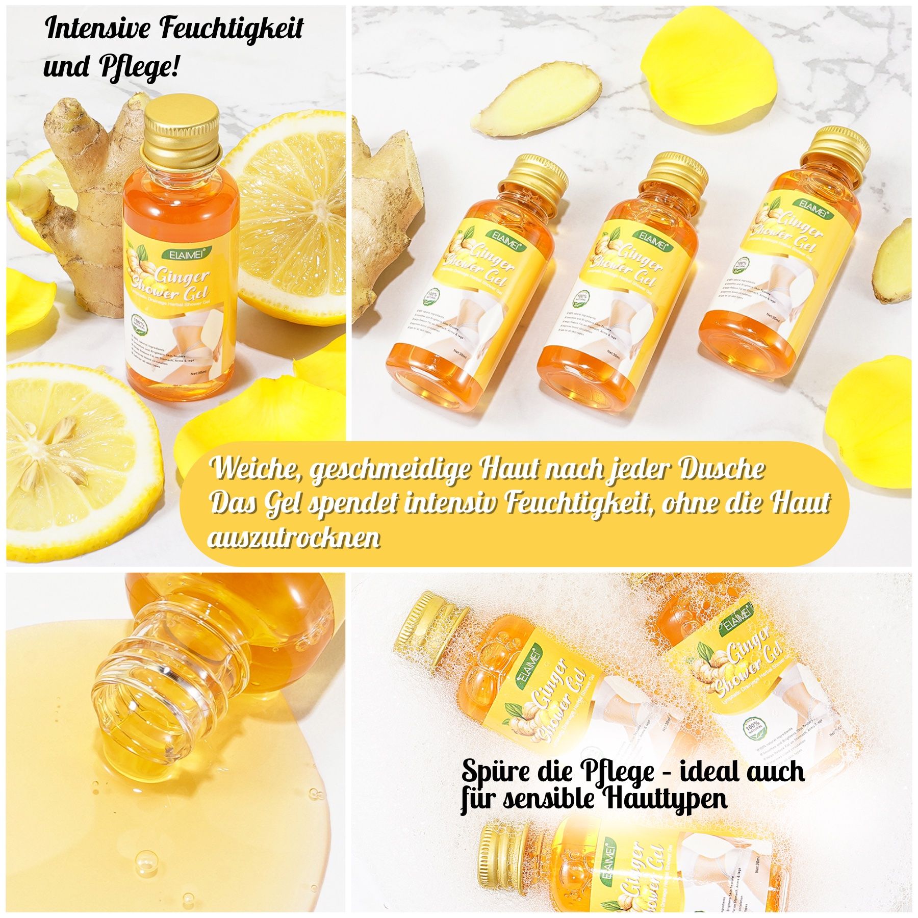 Drei Flaschen "Ginger Shower Gel" mit Zitrone und Ingwer. Text: Intensive Feuchtigkeit und Pflege! Für sensible Hauttypen.