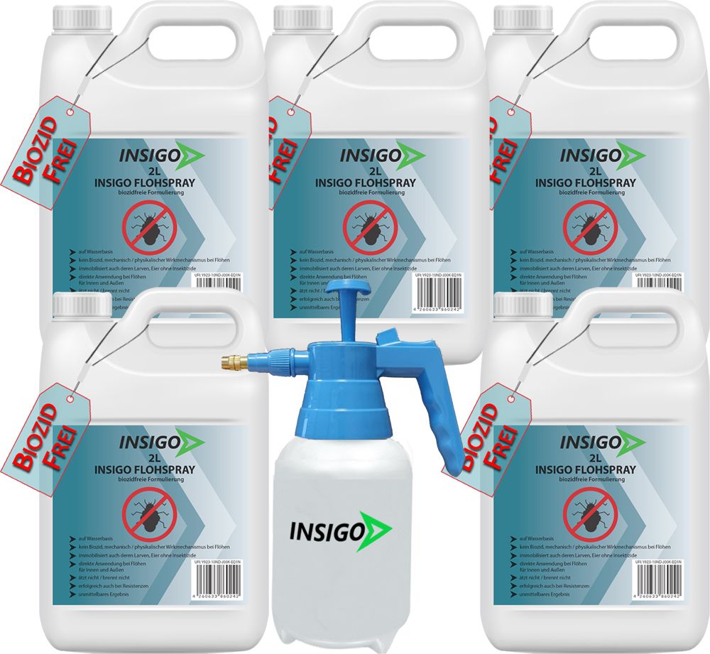 Mehrere weiße Kanister und eine Sprühflasche. Auf den Kanistern und der Flasche ist das Logo von INSIGO zu sehen. Anhänger mit "BIOZID FREI".