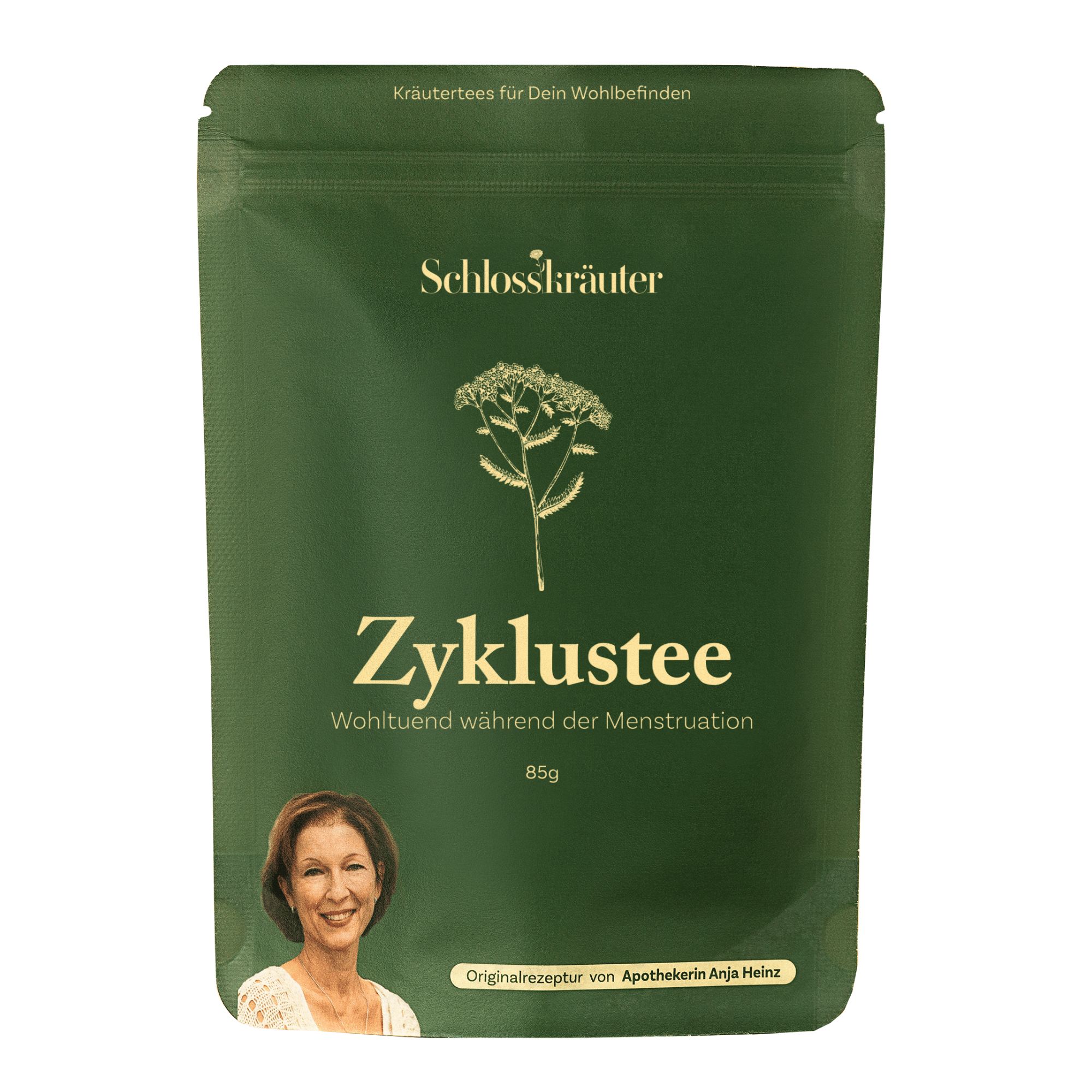 Grüne Verpackung mit Schlosskräuter-Logo und Zyklustee-Aufschrift. Enthält 85g. Originalrezept von Apothekerin Anja Heinz.