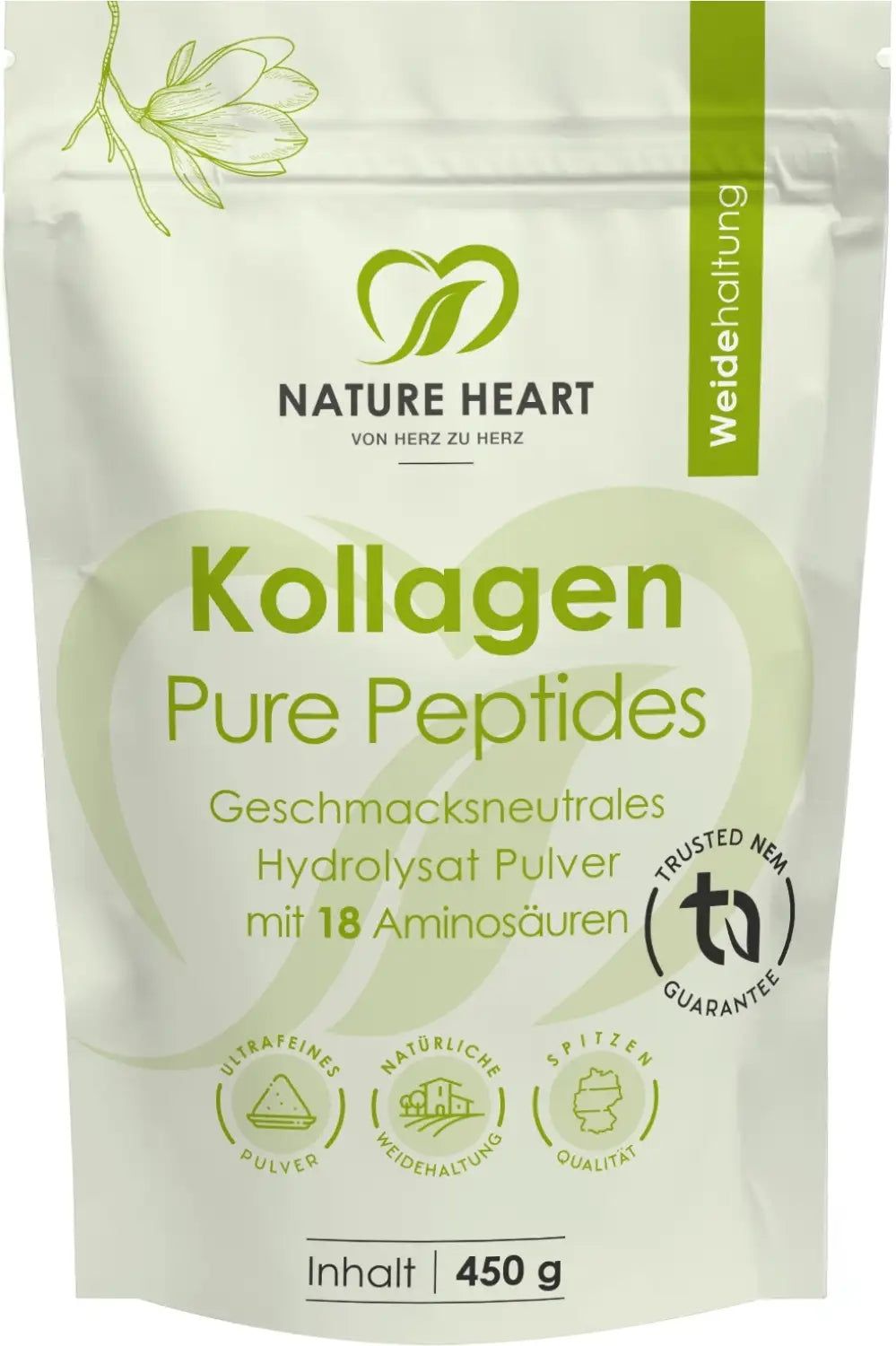 Beutel mit Kollagen Pure Peptides. Grün-weißes Design. Text: Nature Heart, Kollagen Pure Peptides, Hydrolysat Pulver, 450g, TÜV-Zertifizierung.
