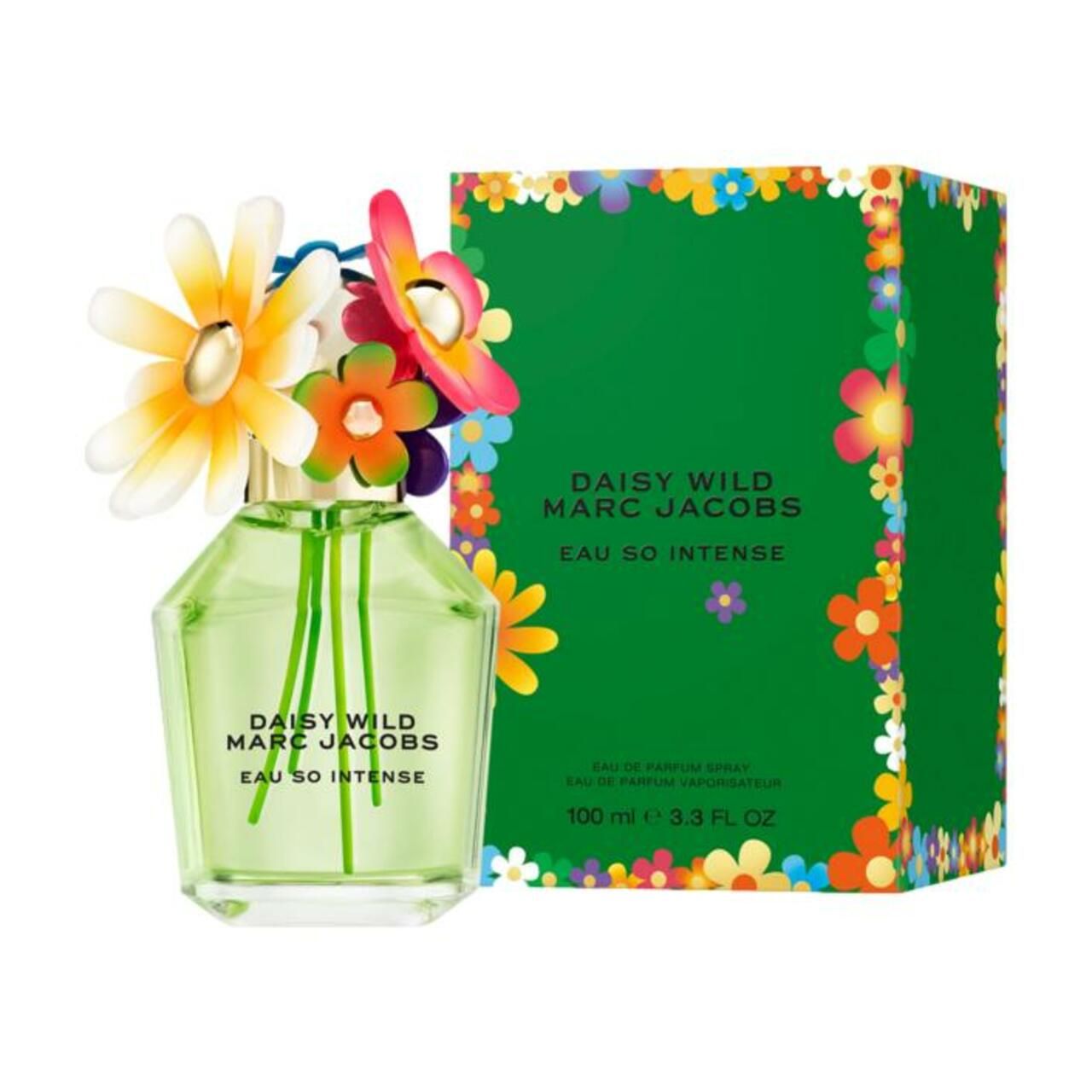 Grünes Parfümflakon und Schachtel mit Blumenmuster. Aufschrift: Daisy Wild, Marc Jacobs, Eau So Intense.