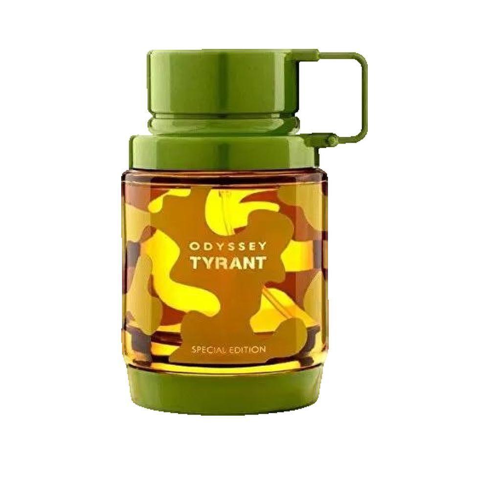 Parfumflakon mit grünem Deckel und Griff. Aufschrift: ODYSSEY TYRANT SPECIAL EDITION. Camouflage-Muster.