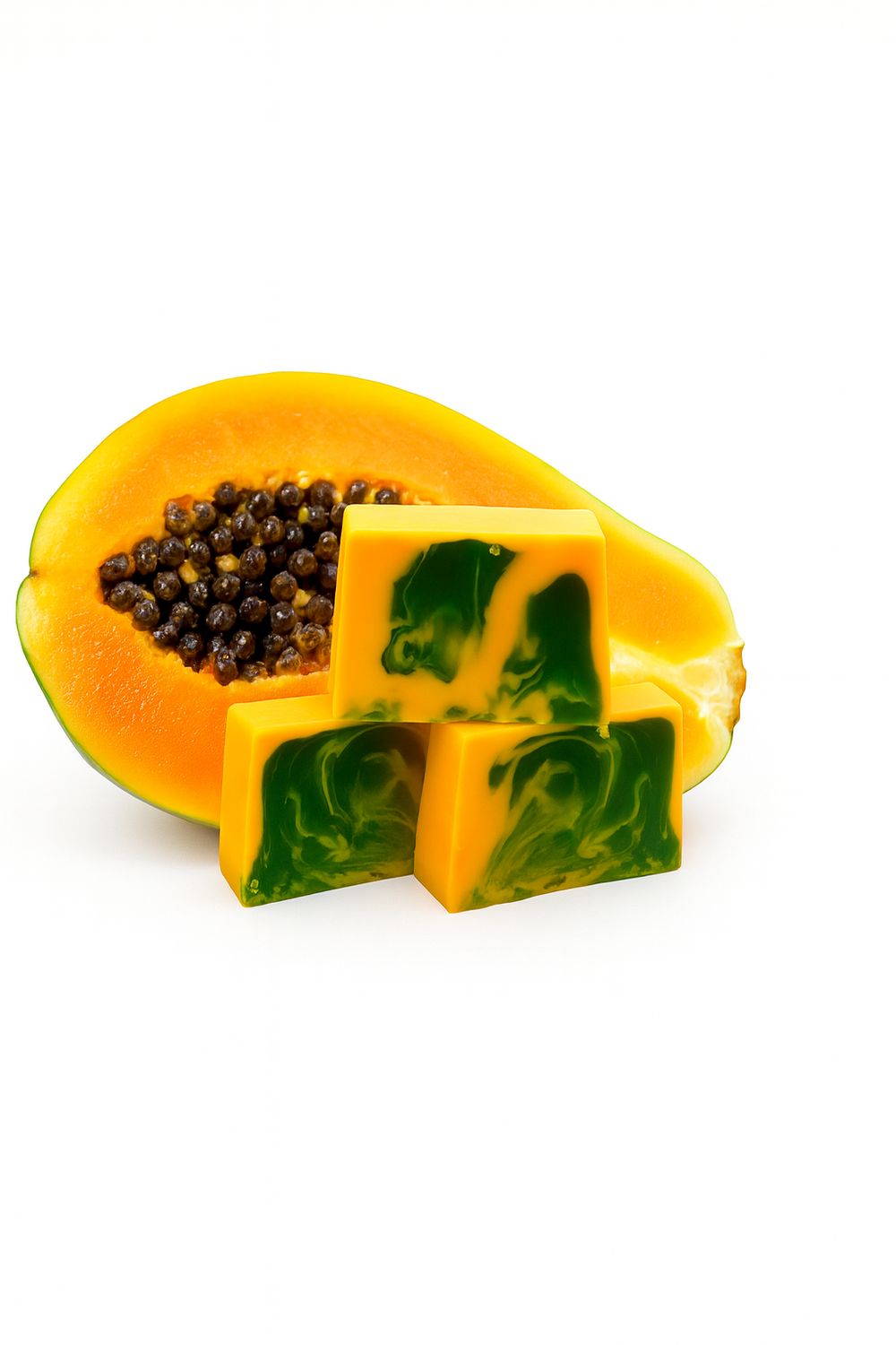 Drei gelb-grüne Seifenstücke neben einer halbierten Papaya. Die Seifen haben eine quadratische Form und eine marmorierte Textur.