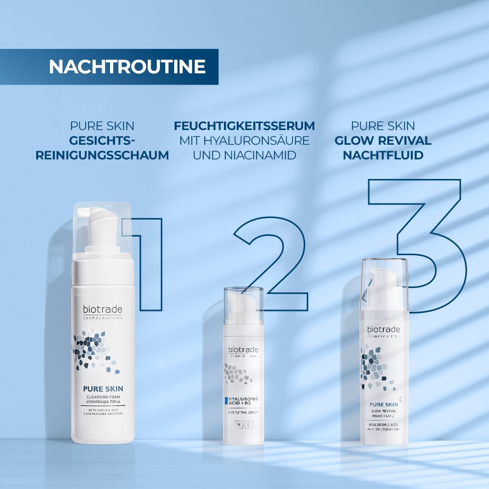 Nachtroutine mit drei Biotrade Produkten. 1: Reinigungsschaum, 2: Serum, 3: Nachtfluid. Text: Pure Skin.