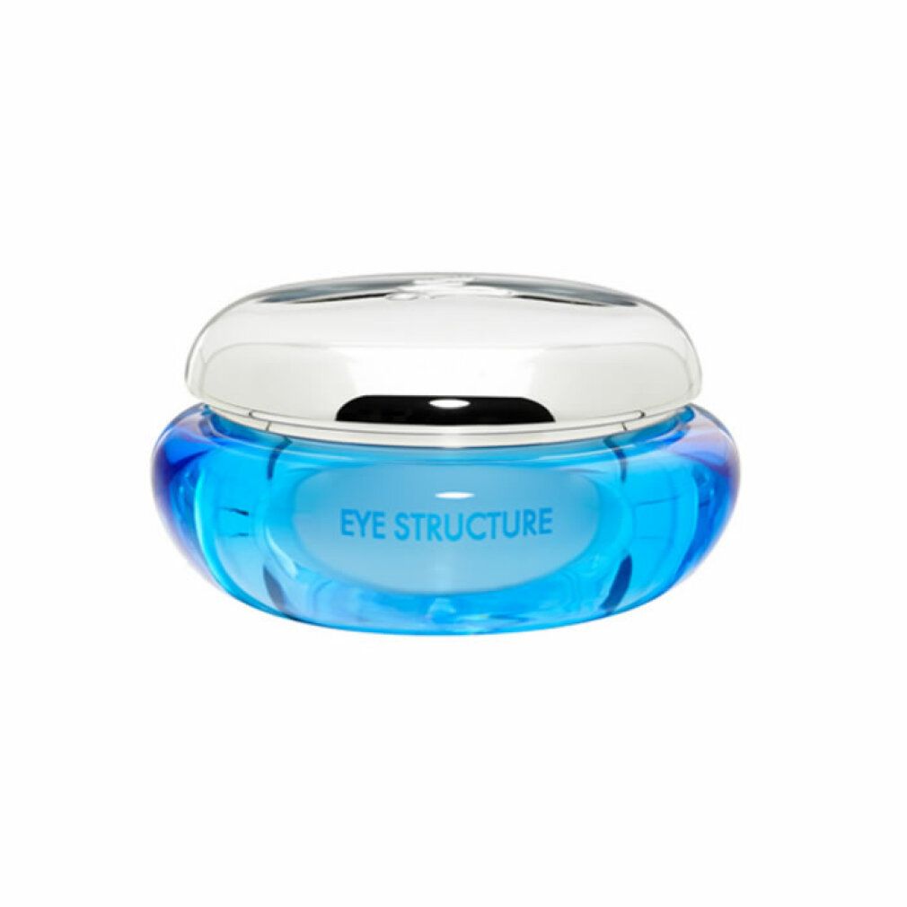 Blaues Cremeglas mit silbernem Deckel. Aufschrift: EYE STRUCTURE.