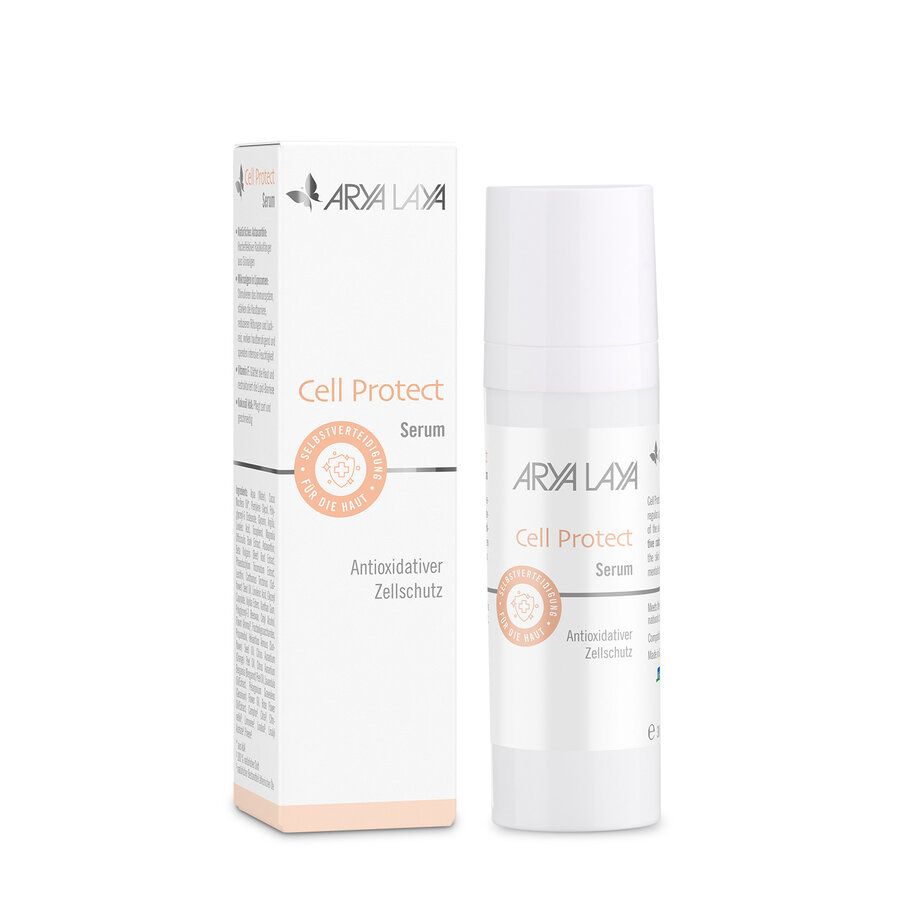 Arya Laya Cell Protect Serum in weißer Flasche mit Kartonverpackung. Antioxidativer Zellschutz.