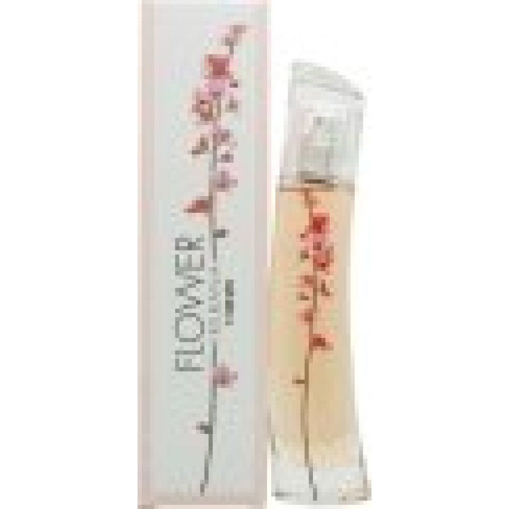 Parfümflakon und Verpackung. Flakon mit floralem Design, Schriftzug Flower by Kenzo. Verpackung mit floralem Muster und Schriftzug.