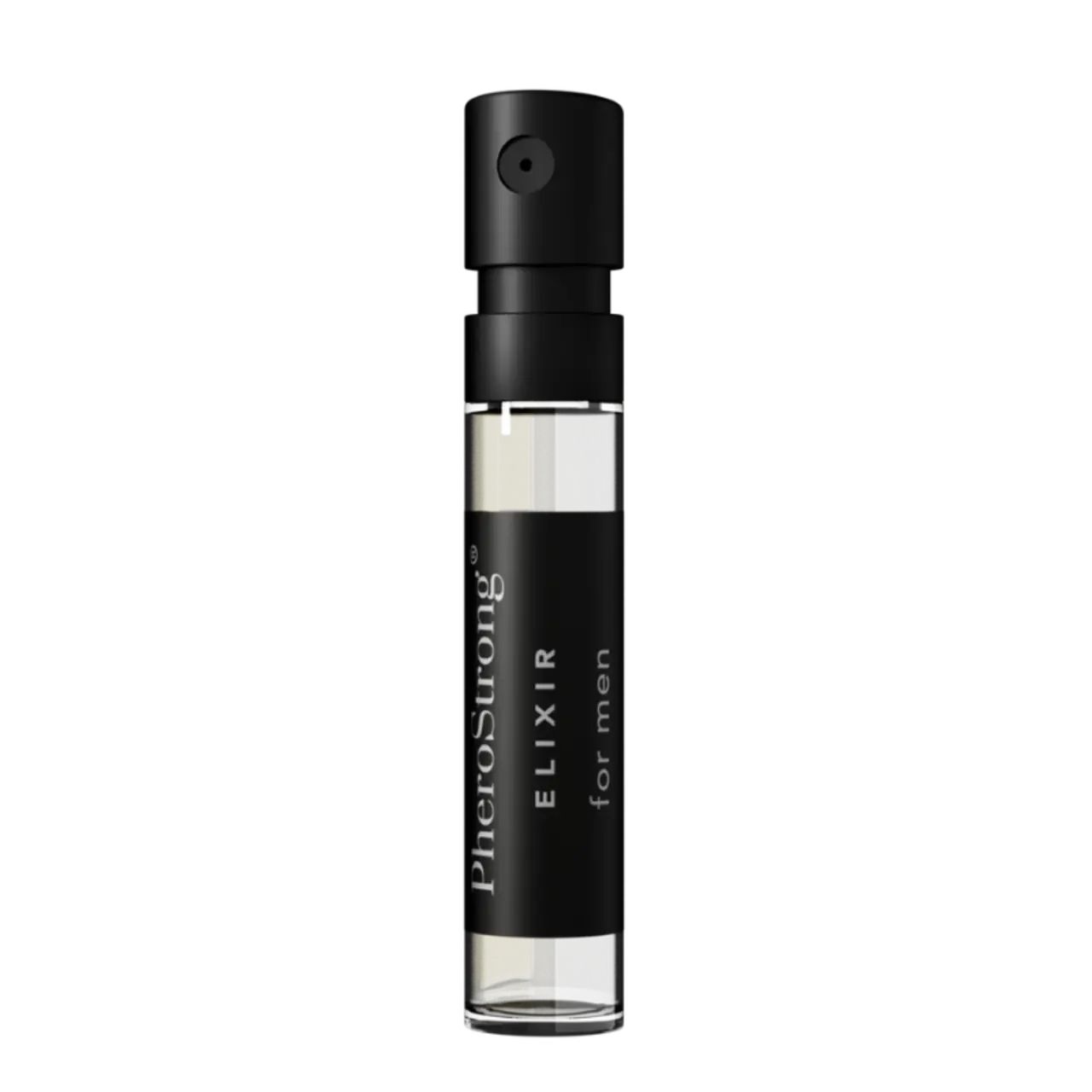 Flakon mit schwarzem Sprühkopf. Aufschrift: PheroStrong Elixir for men. Transparenter Behälter mit Flüssigkeit.