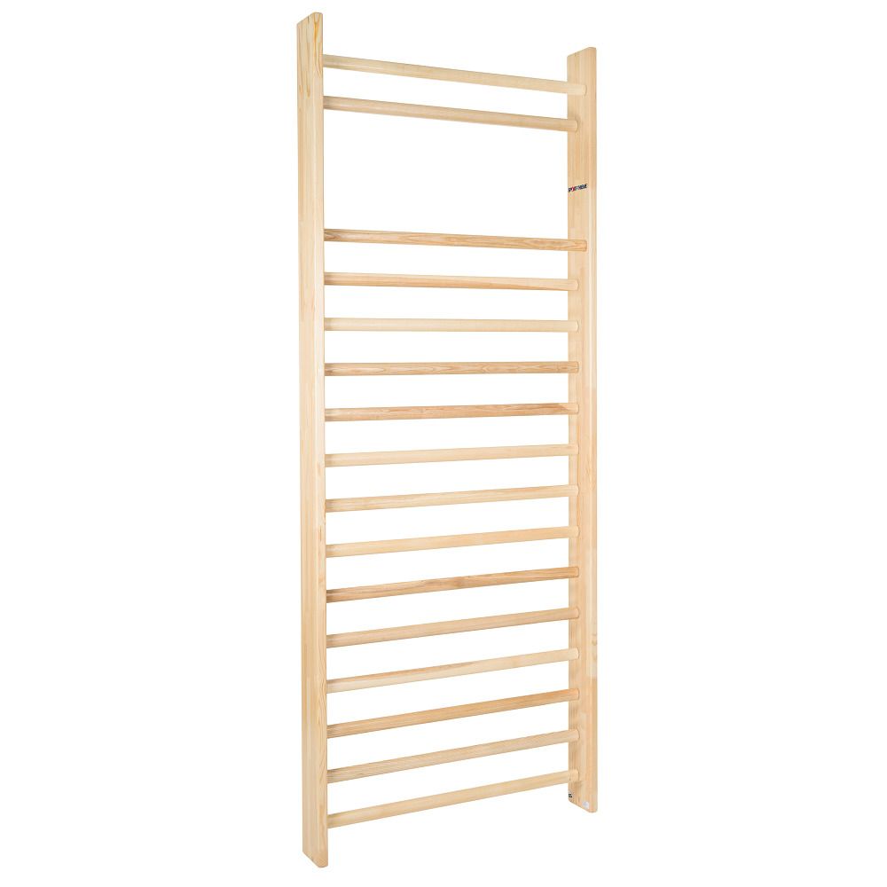 Sprossenwand aus Holz mit horizontalen Sprossen. Rechteckige Form. Holzstruktur erkennbar.