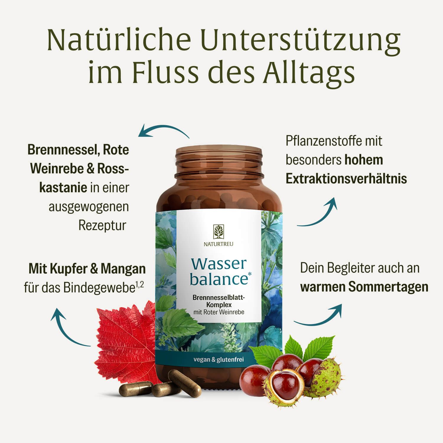 NATURTREU Wasser balance Kapseln: Brennnessel, Rote Weinrebe, Rosskastanie, Kupfer, Mangan.