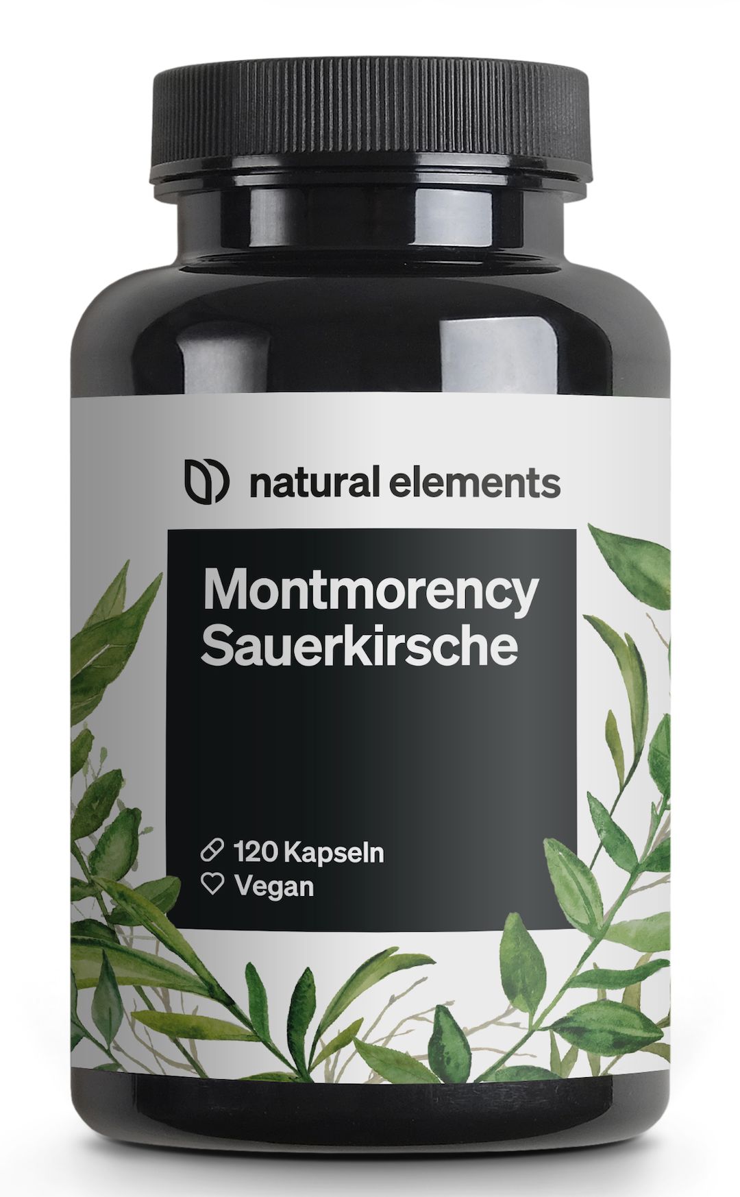 Schwarze Flasche mit weißem Etikett. Aufschrift: Montmorency Sauerkirsche, 120 Kapseln, Vegan. Marke: natural elements.