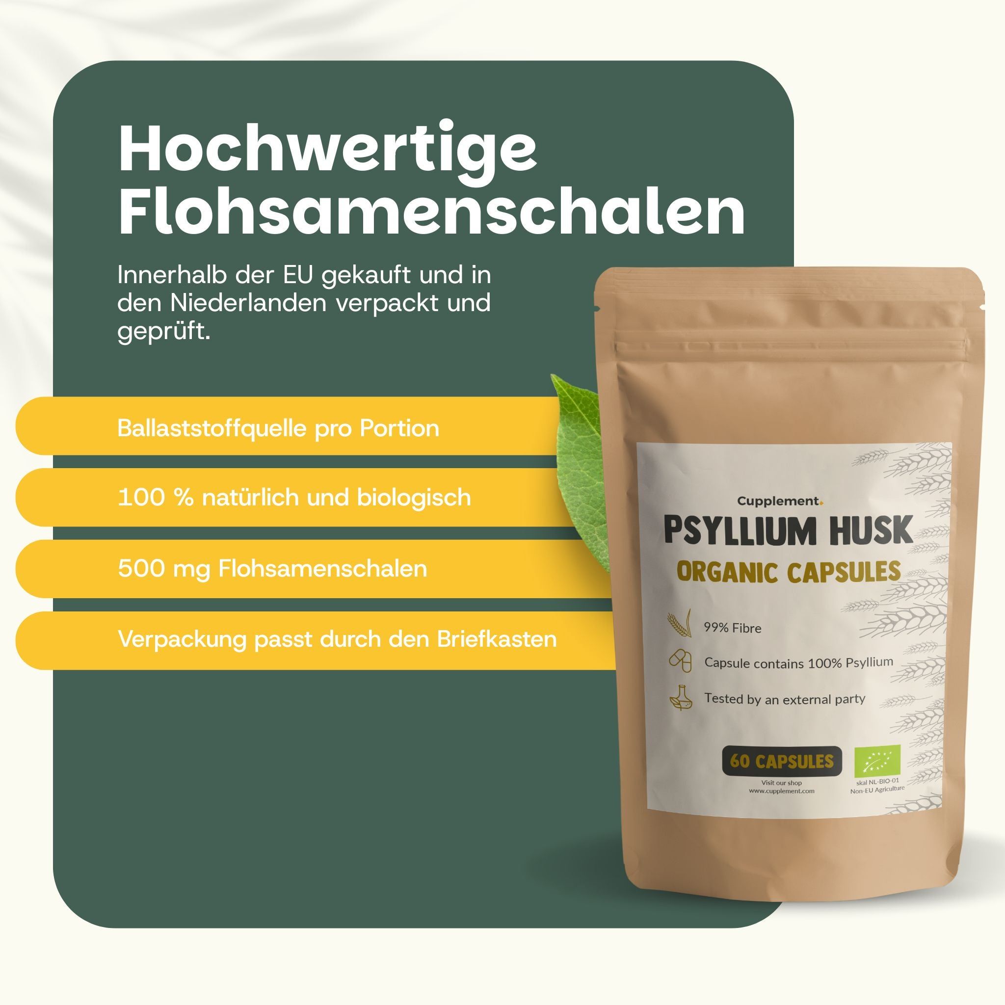 Kapsel mit Psyllium Husk. Text: Organic Psyllium Husk, 100% natürlich, vegane Kapsel.