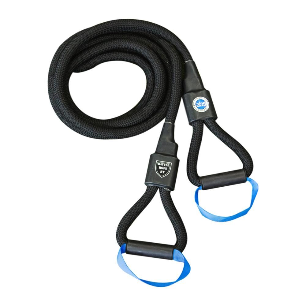 Schwarzes Trainingsseil mit Griffen und blauen Schlaufen. Auf den Griffen ist "BATTLE ROPE ST" zu lesen.