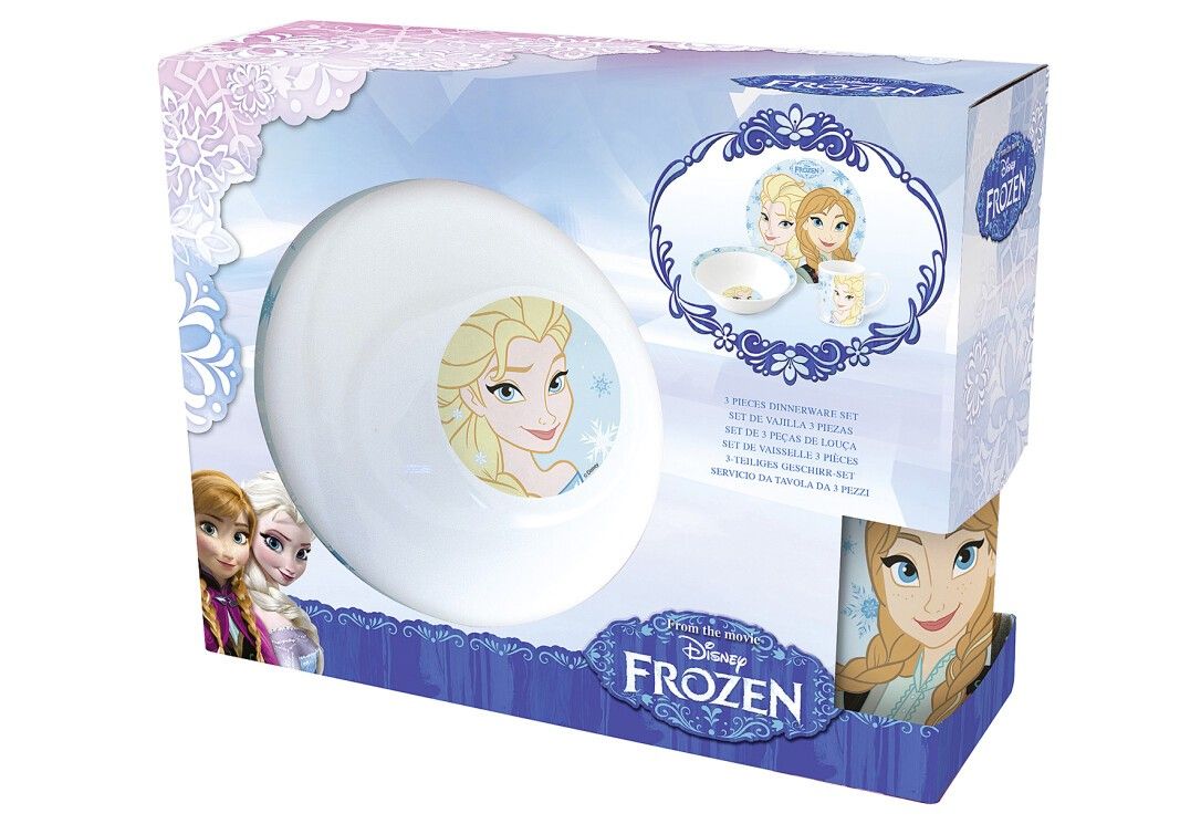 Frühstücksset Frozen, 3-teilig, in Verpackung. Enthält Teller, Schüssel und Becher. Elsa-Motiv auf weißem Geschirr. Disney Frozen Logo.