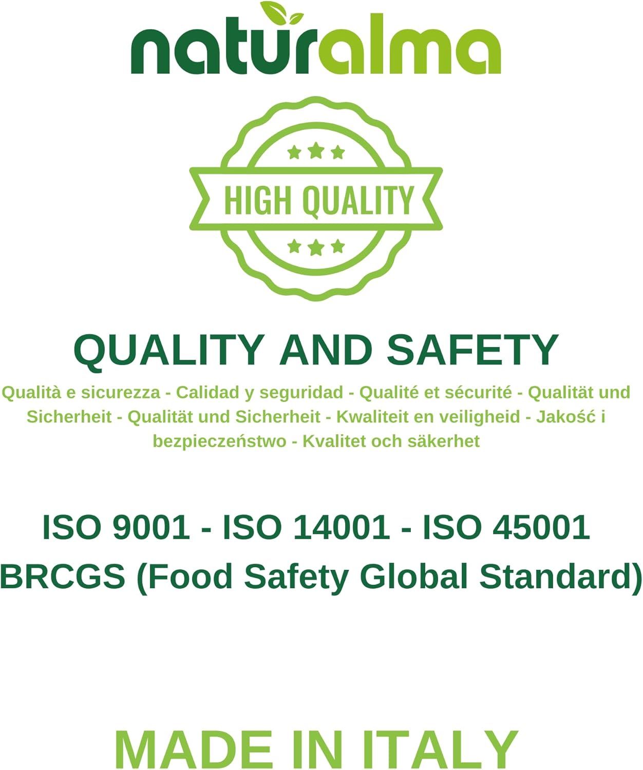 Logo von Naturalma. Text: Qualität und Sicherheit. ISO 9001, 14001, 45001, BRCGS. Hergestellt in Italien. Logo: High Quality.