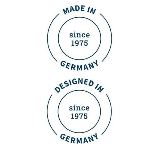 Zwei runde Siegel mit Text: 'Made in Germany since 1975' und 'Designed in Germany since 1975'.