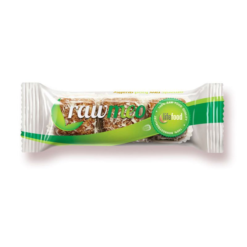 Verpackte Kokos Konfektkugeln. Sichtbar ist das Logo "rawmeo" und ein "life food" Siegel.