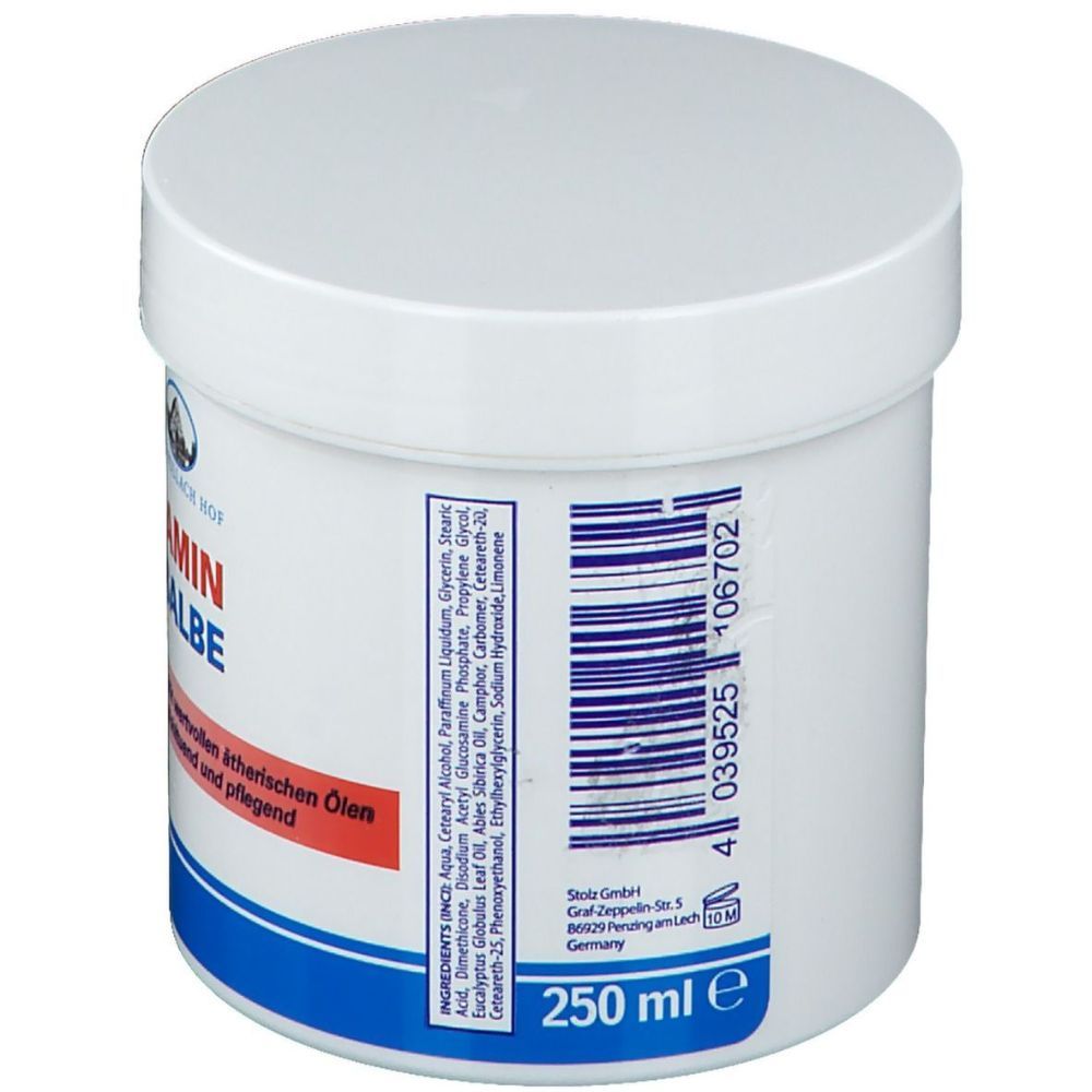 Glucosamin Salbe in weißem Tiegel mit rotem und blauem Etikett. Zeigt eine laufende Silhouette.