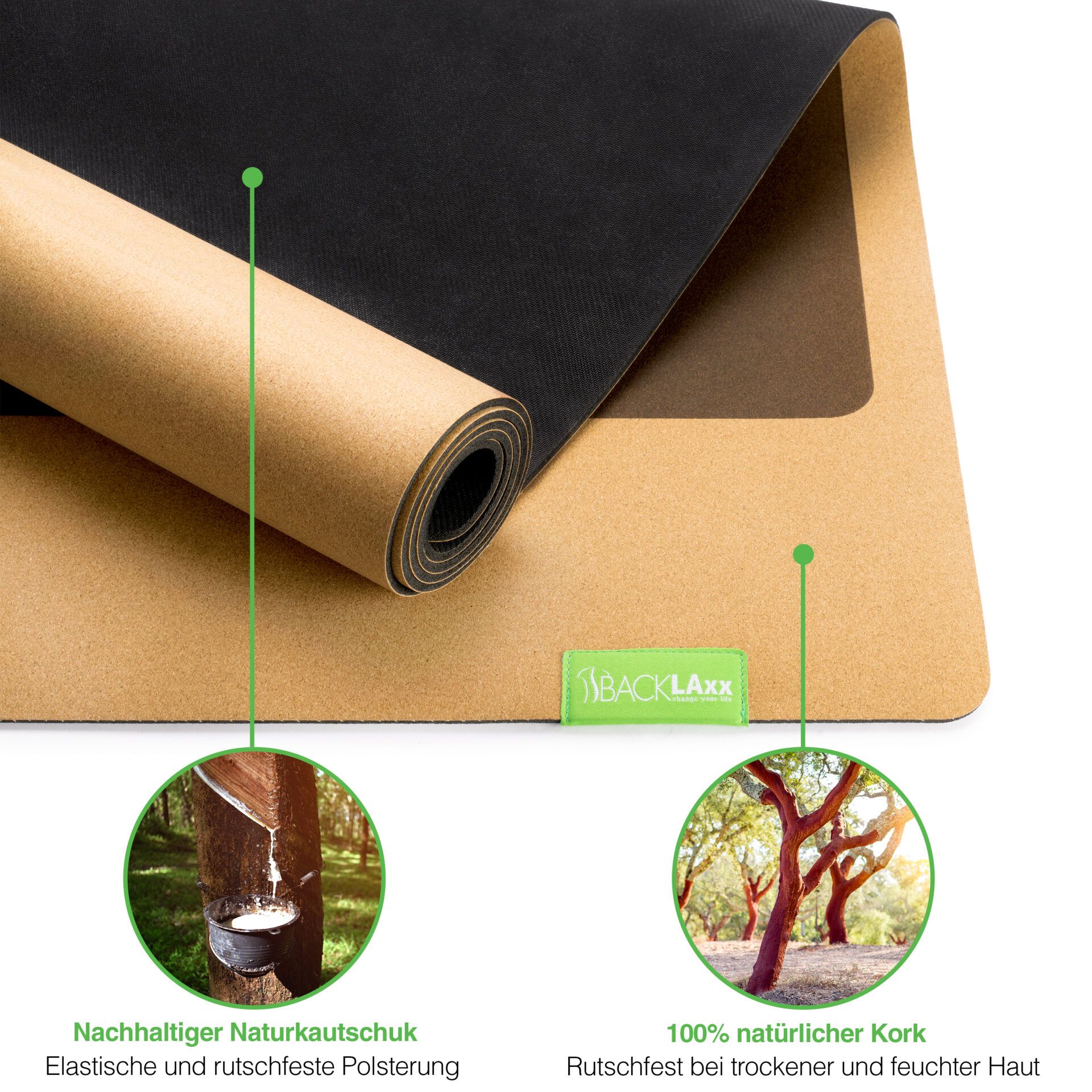 BACKLAxx® Yogamatte Kork mit Naturkautschuk 183x61x0,4cm