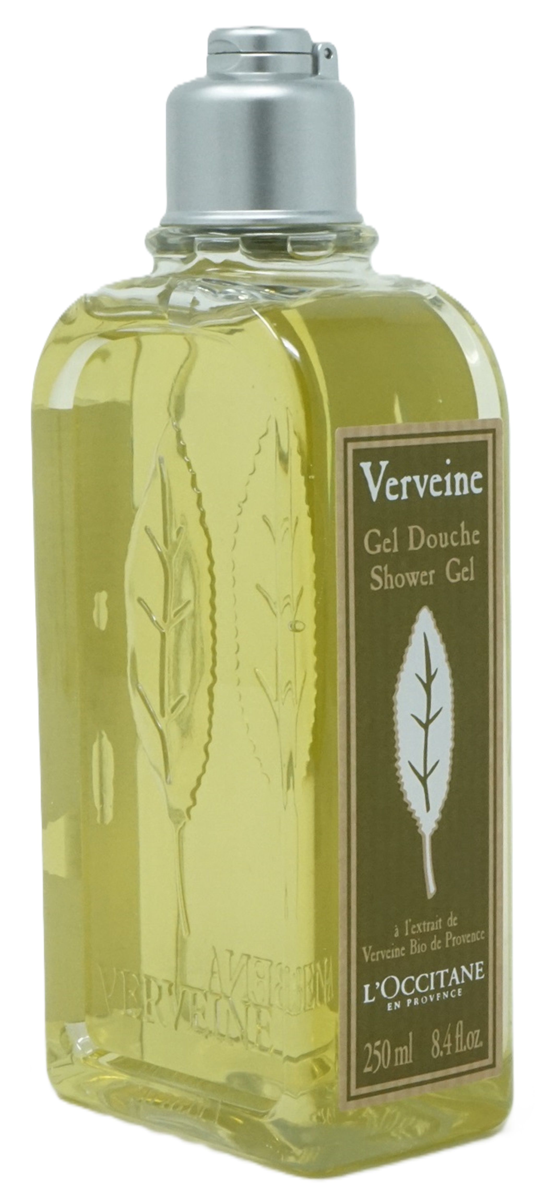 Verbena Duschgel-Flasche. Gelbe Flüssigkeit. Silberner Deckel. Braunes Etikett mit Text. L'Occitane Logo.
