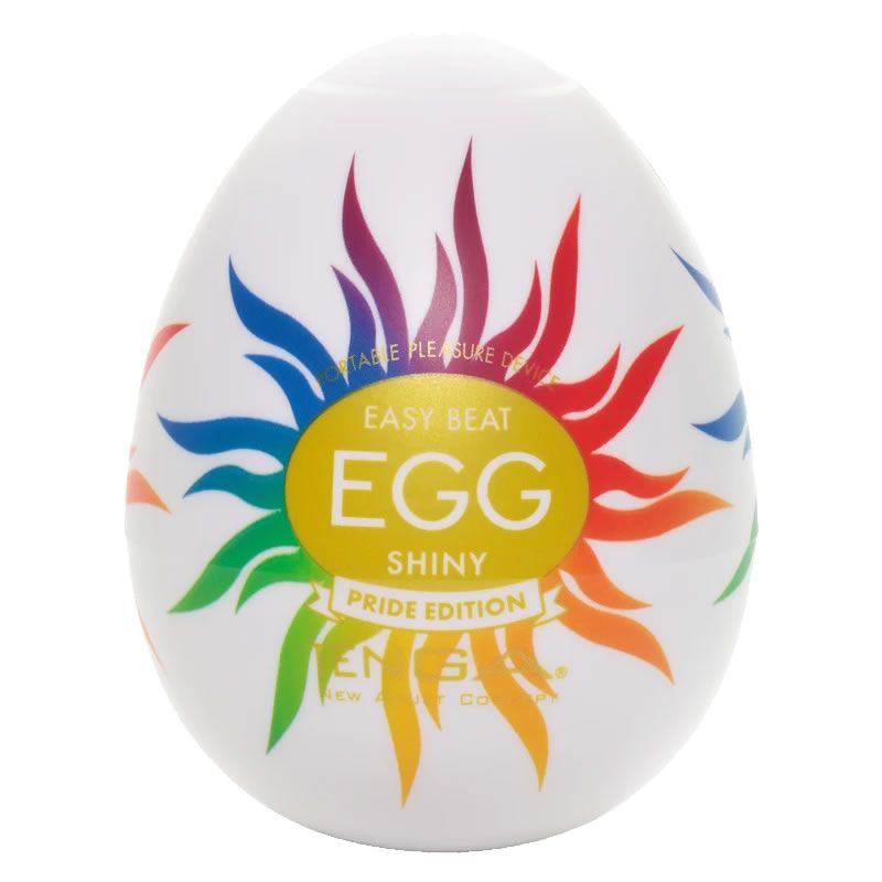 Weißes, eiförmiges Produkt mit farbigem Design. Text: EASY BEAT EGG SHINY PRIDE EDITION.