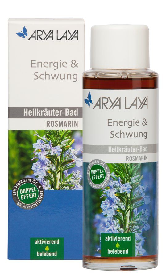 Produktverpackung mit Arya Laya Logo und Produktbezeichnung. Flasche und Karton mit Rosmarin-Illustration und Text: Energie & Schwung.