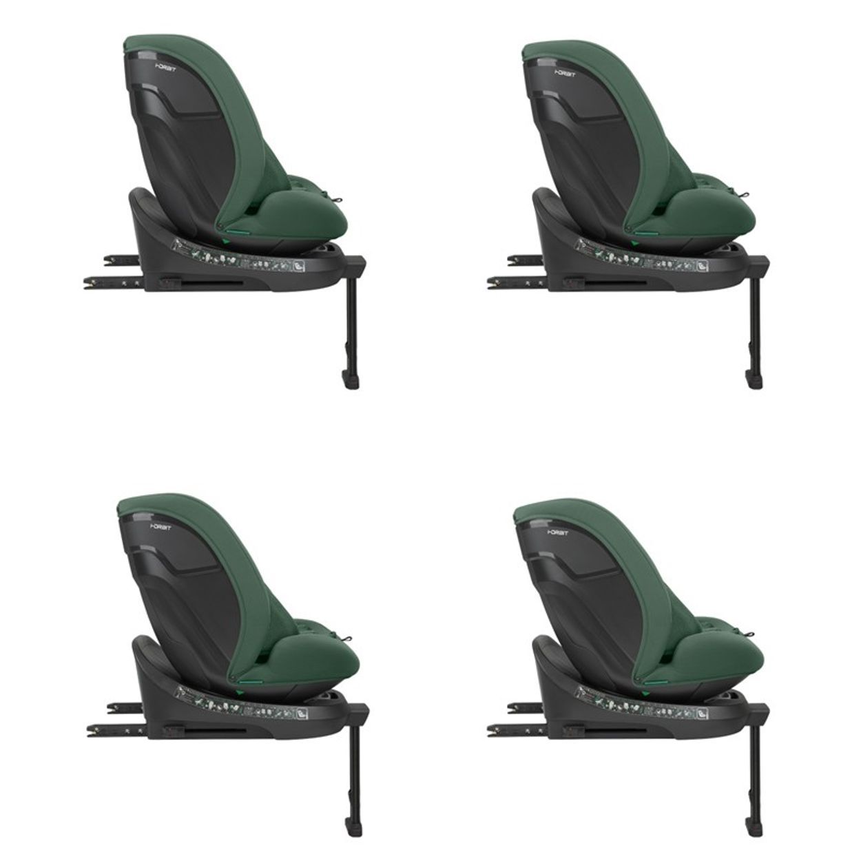 Vier Ansichten eines grünen Kindersitzes mit schwarzem Sockel und ISOFIX-Befestigung.