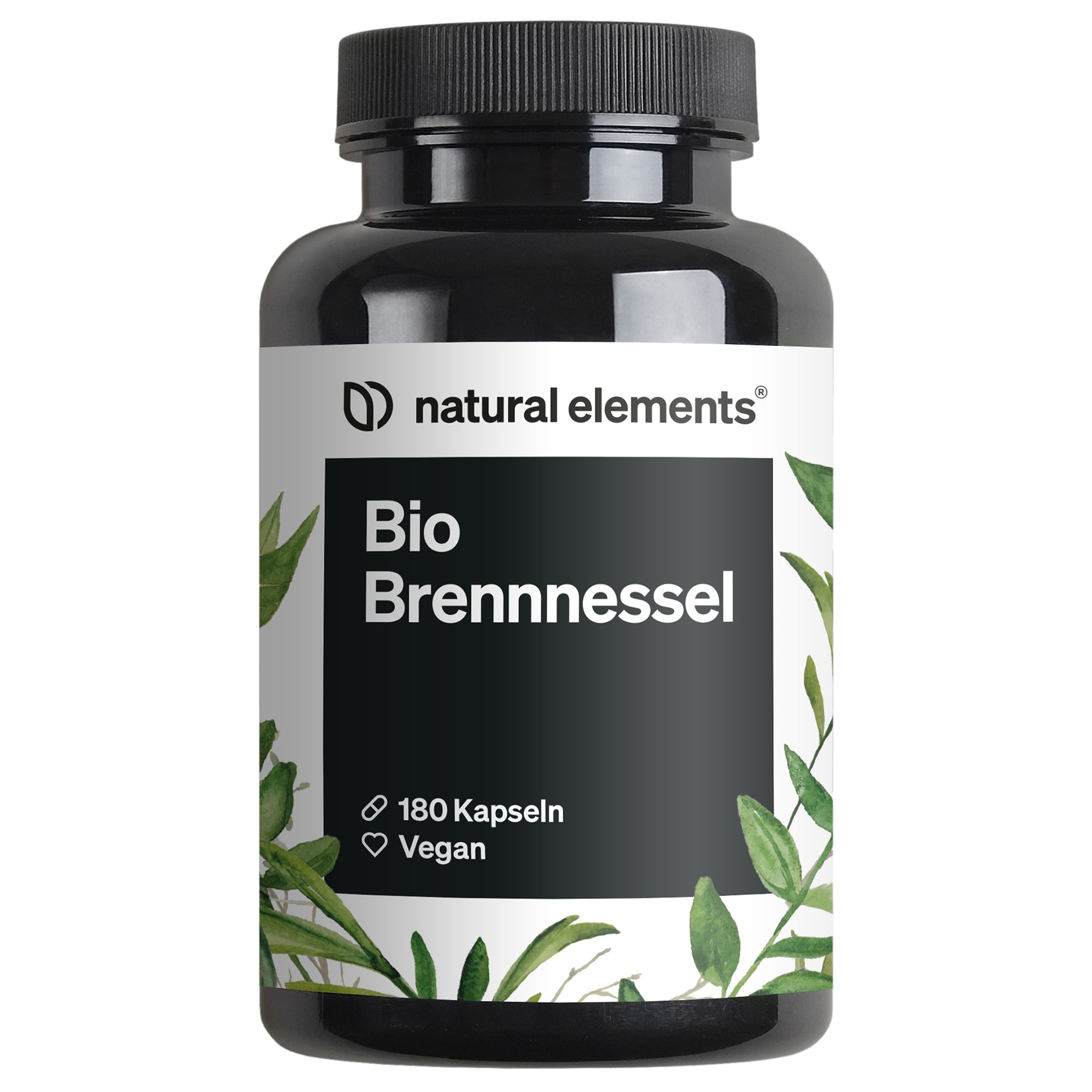 Schwarze Flasche mit weißem Etikett: Bio Brennnessel, 180 Kapseln, Vegan. Natural Elements Logo.