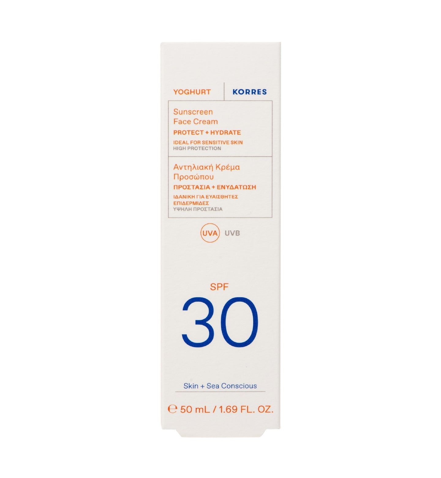 KORRES Yoghurt Sonnencreme für das Gesicht SPF 30. Weiße Verpackung mit Produktinformationen und SPF 30-Kennzeichnung.