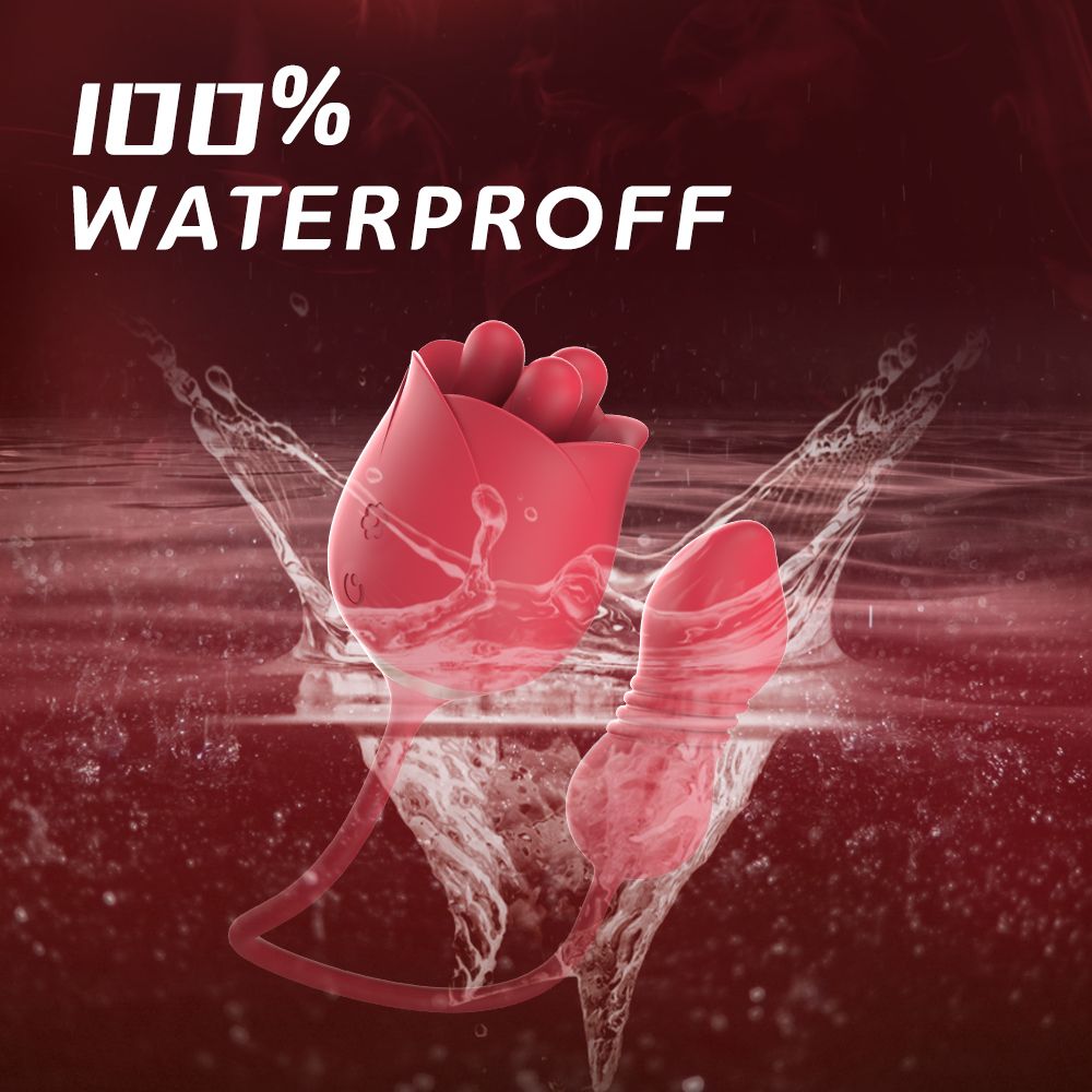 Roter Vibrator mit Rosenblüten-Design und Ei-Form. Im Wasser. Text: 100% WATERPROFF.